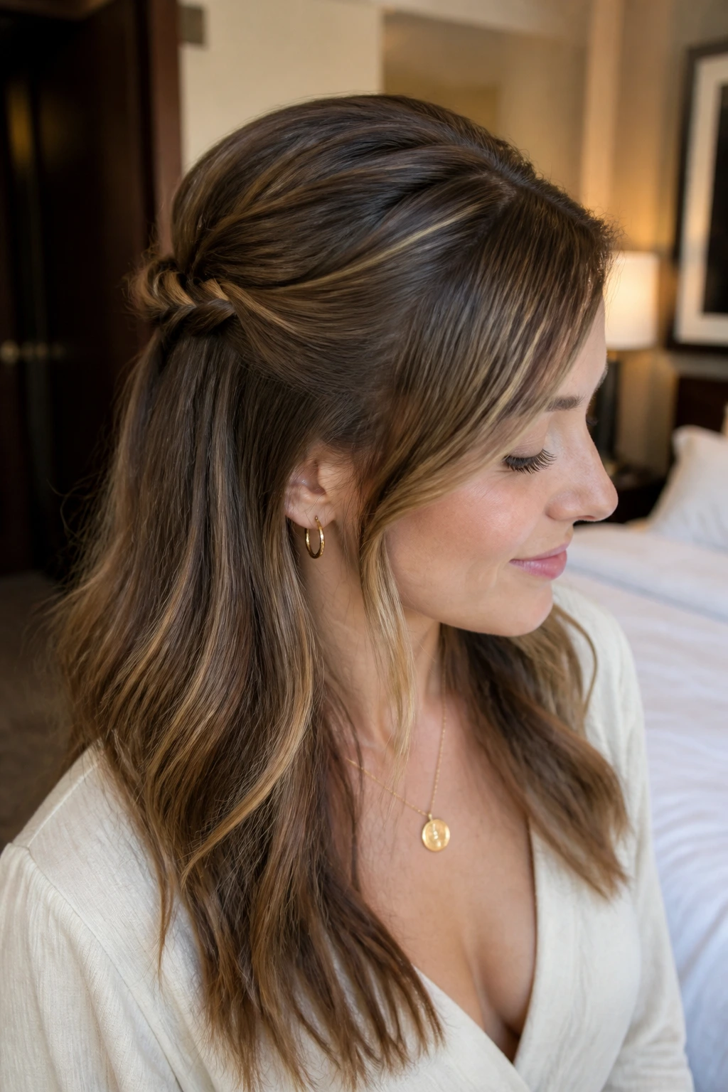Close-up portrait of a woman with twisted half-up back hairstyle in a hotel room