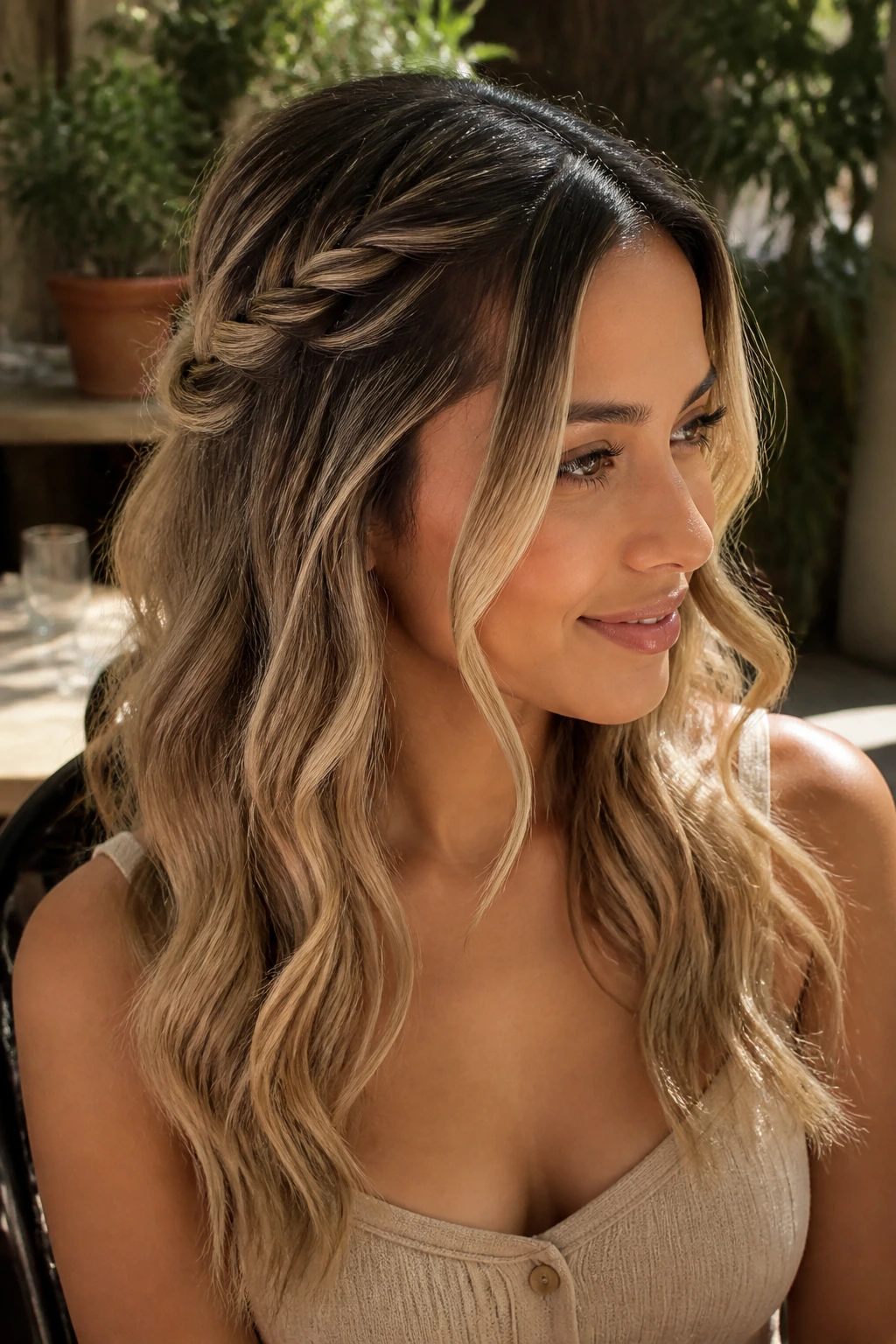 Close-up of twisted half-up style with creamy balayage on a real woman