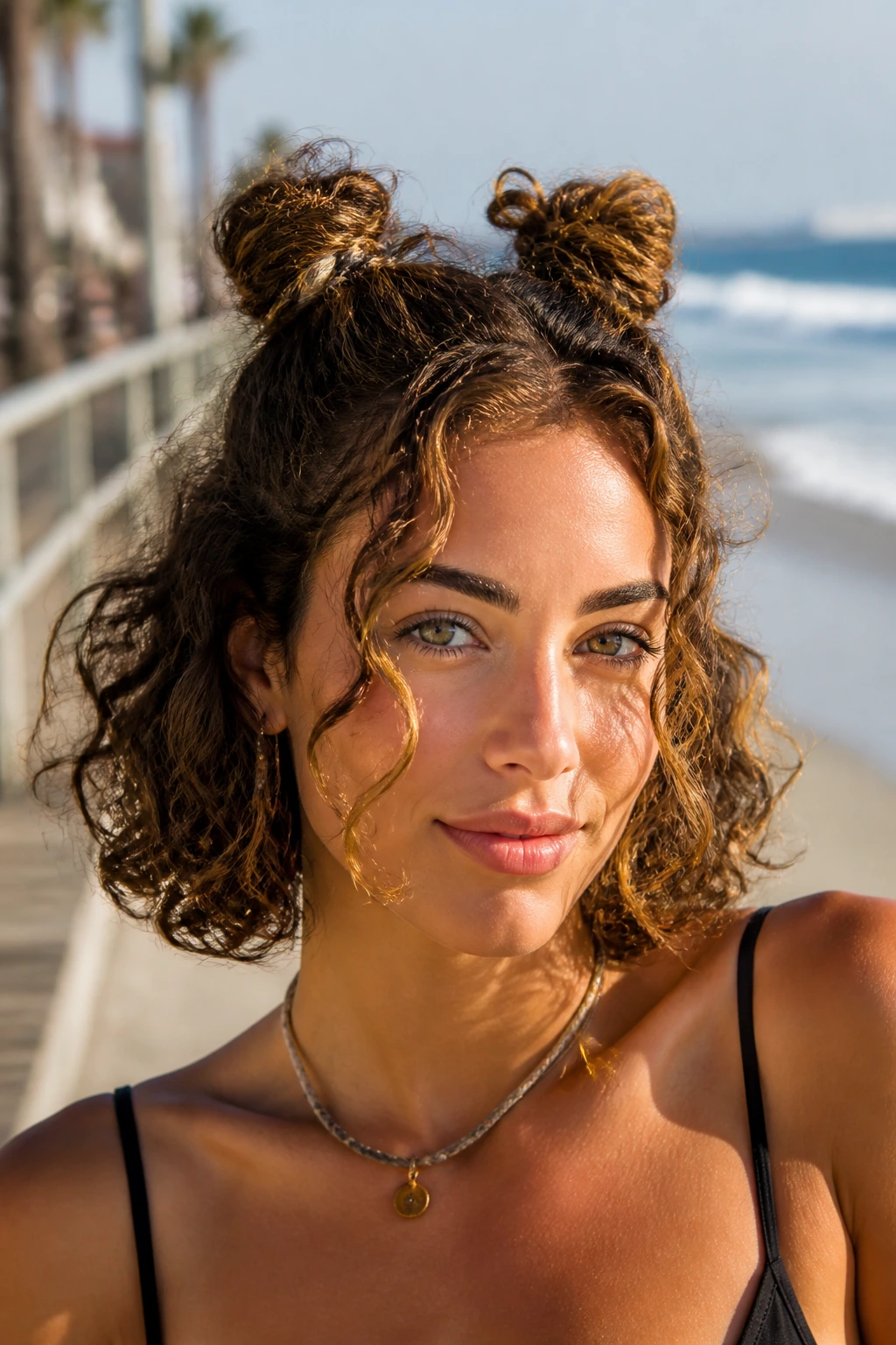Real woman showing twisted half-up mini buns with uneven face-framing curls