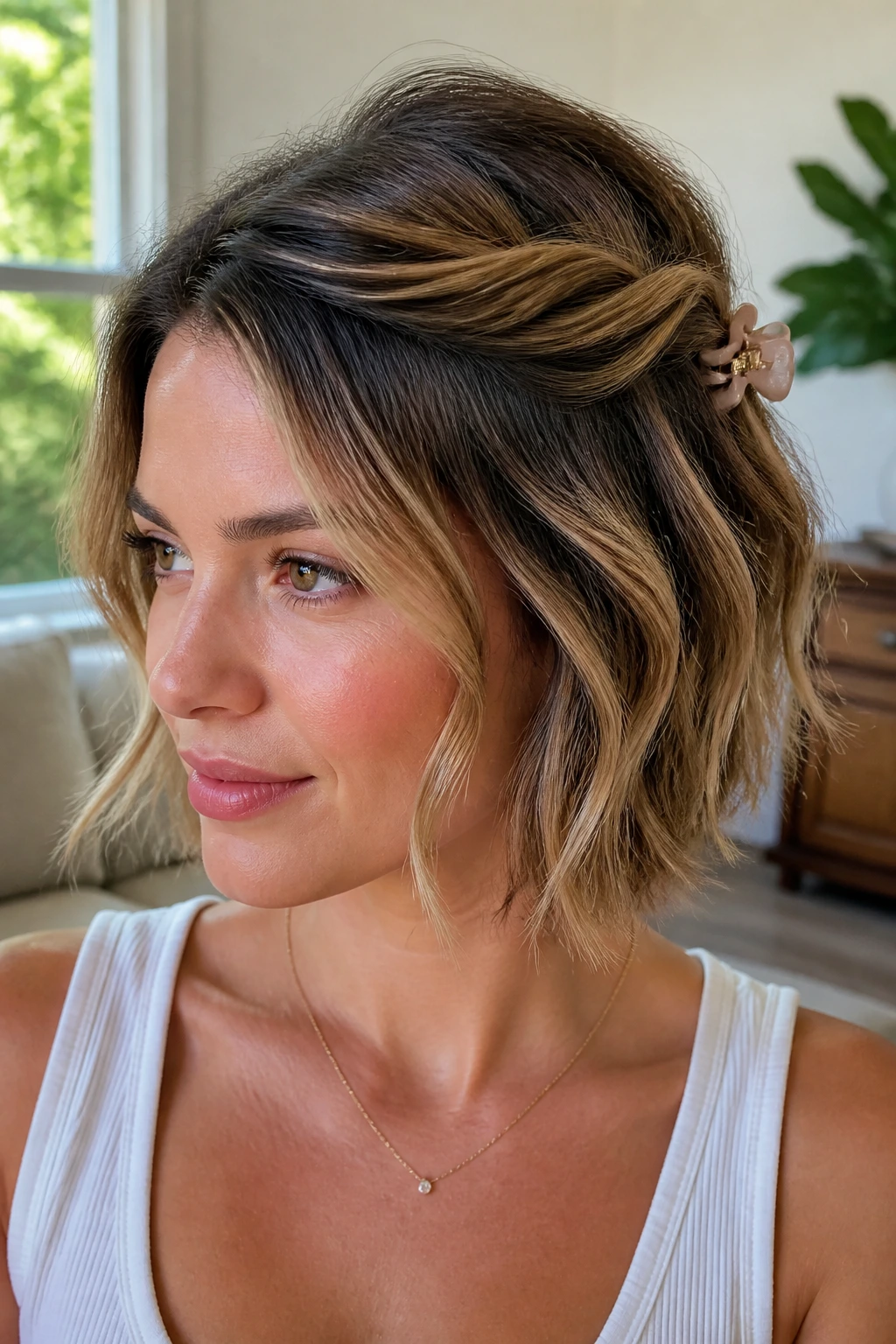 Close-up of real person with twisted half-up hairstyle secured by a small clip and visible underlayers.