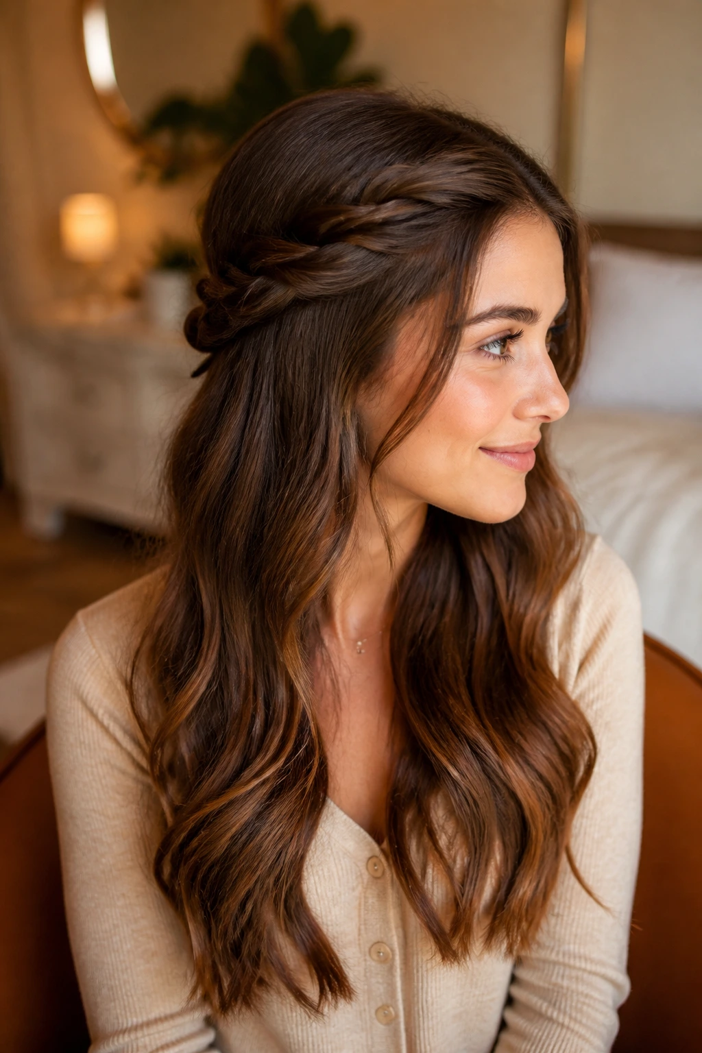 Portrait of real woman with twisted half-up crown hairstyle