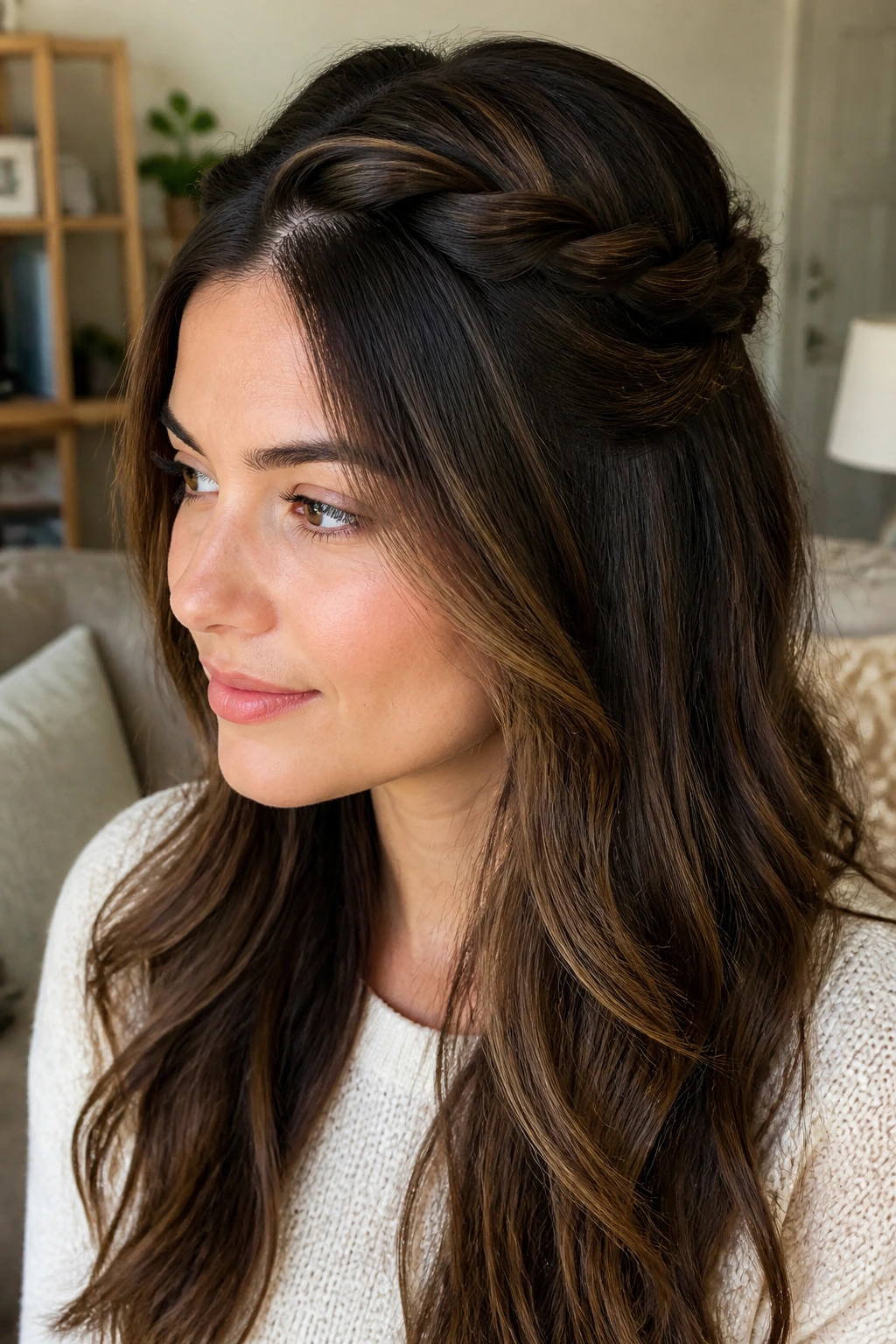 Close-up of a woman with a twisted half-up crown hairstyle