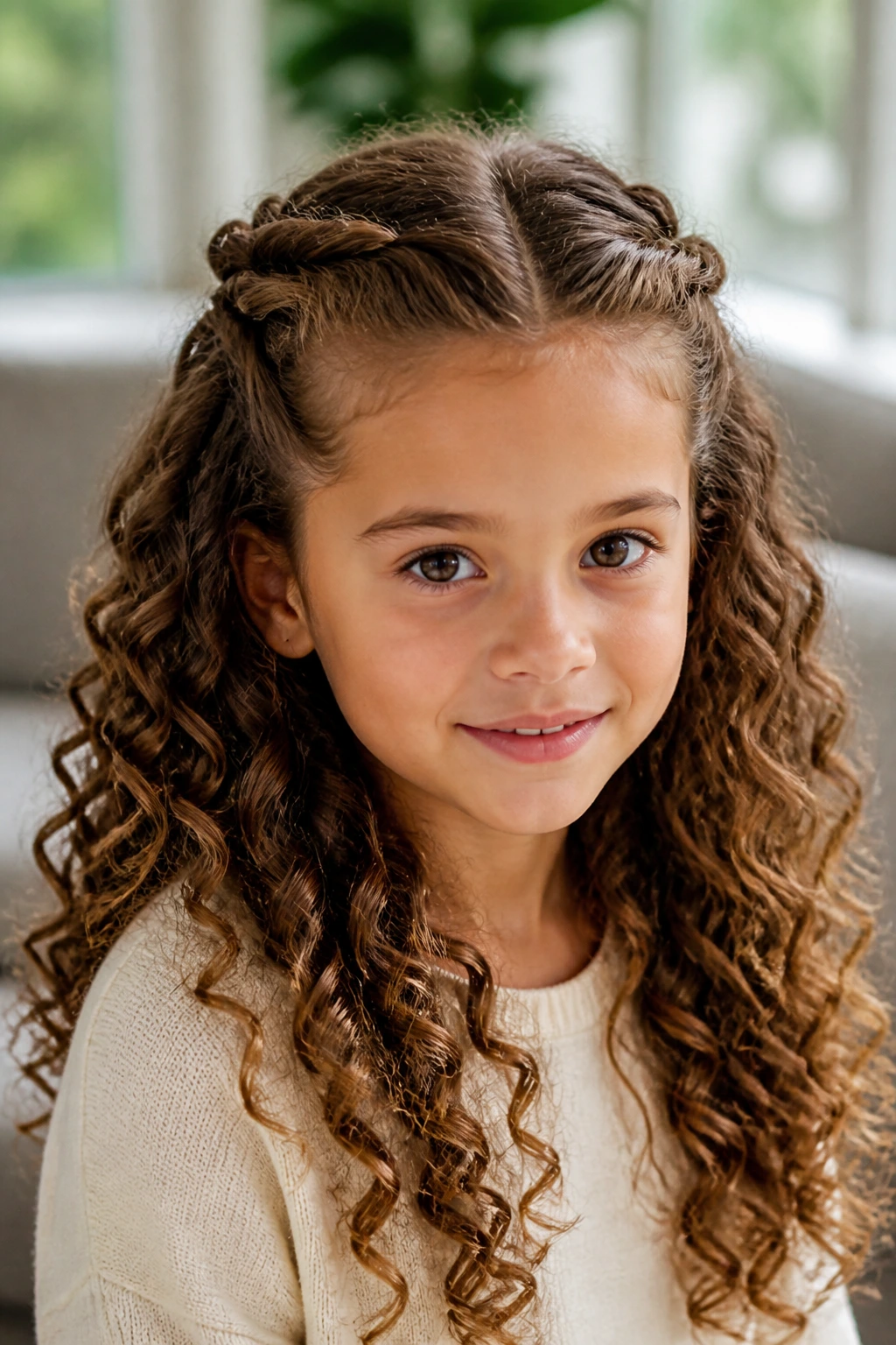 Close-up of a girl with twisted half-up crown and loose curls
