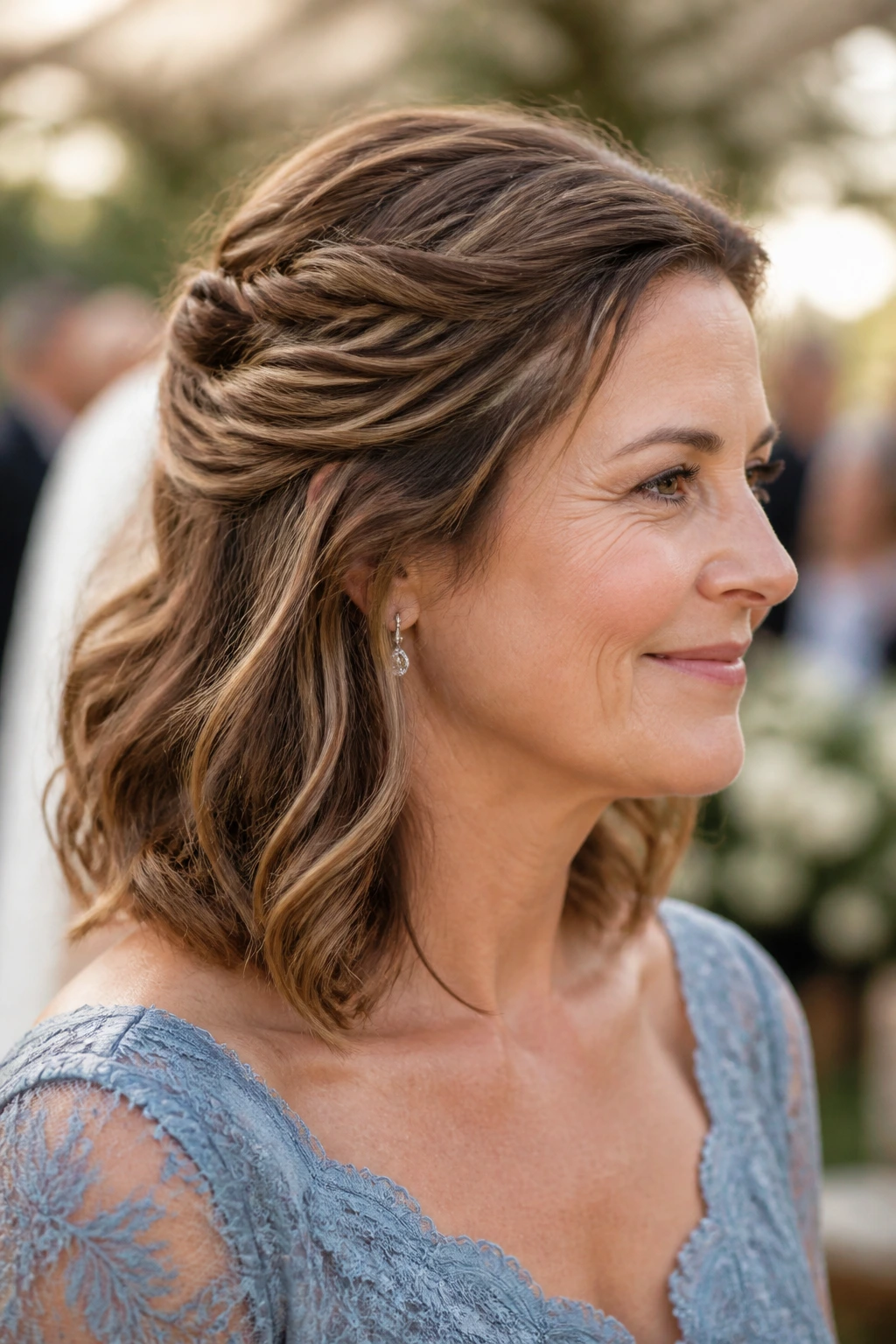 Portrait of a real woman with a twisted half-up crown hairstyle
