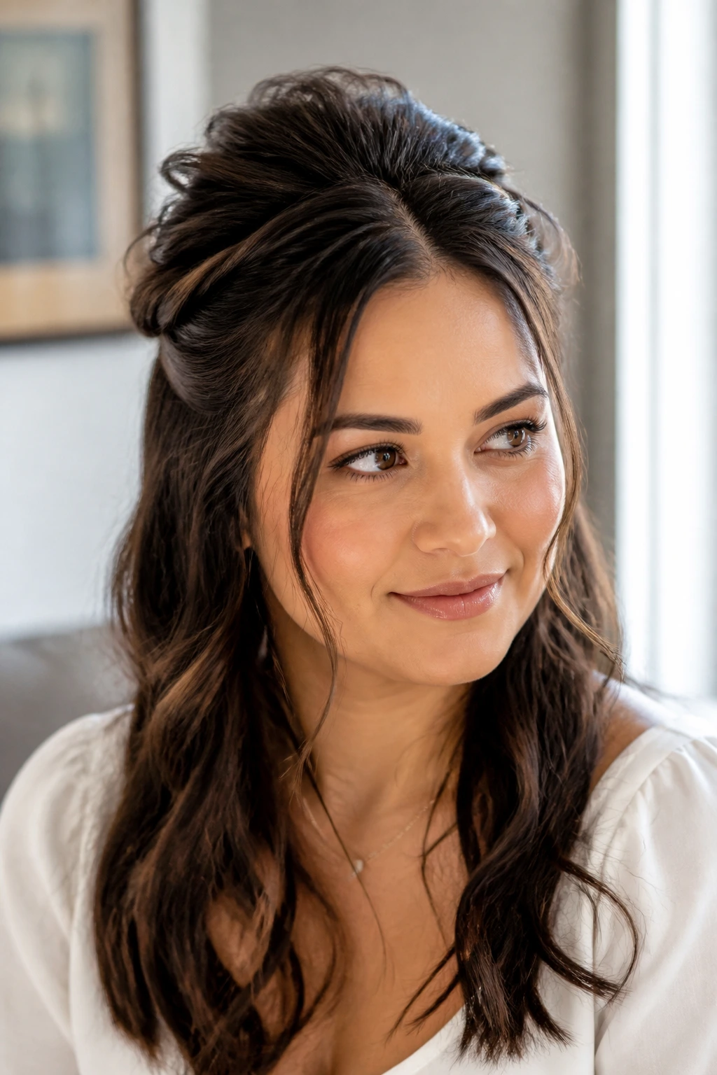 Close-up of a real woman with a twisted half-up crown-lift hairstyle