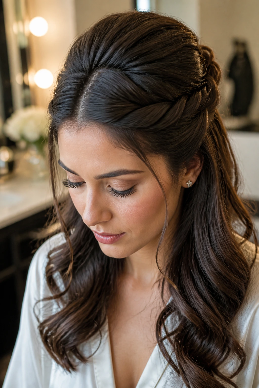 Close-up of a woman's twists pinned at the crown forming a puff