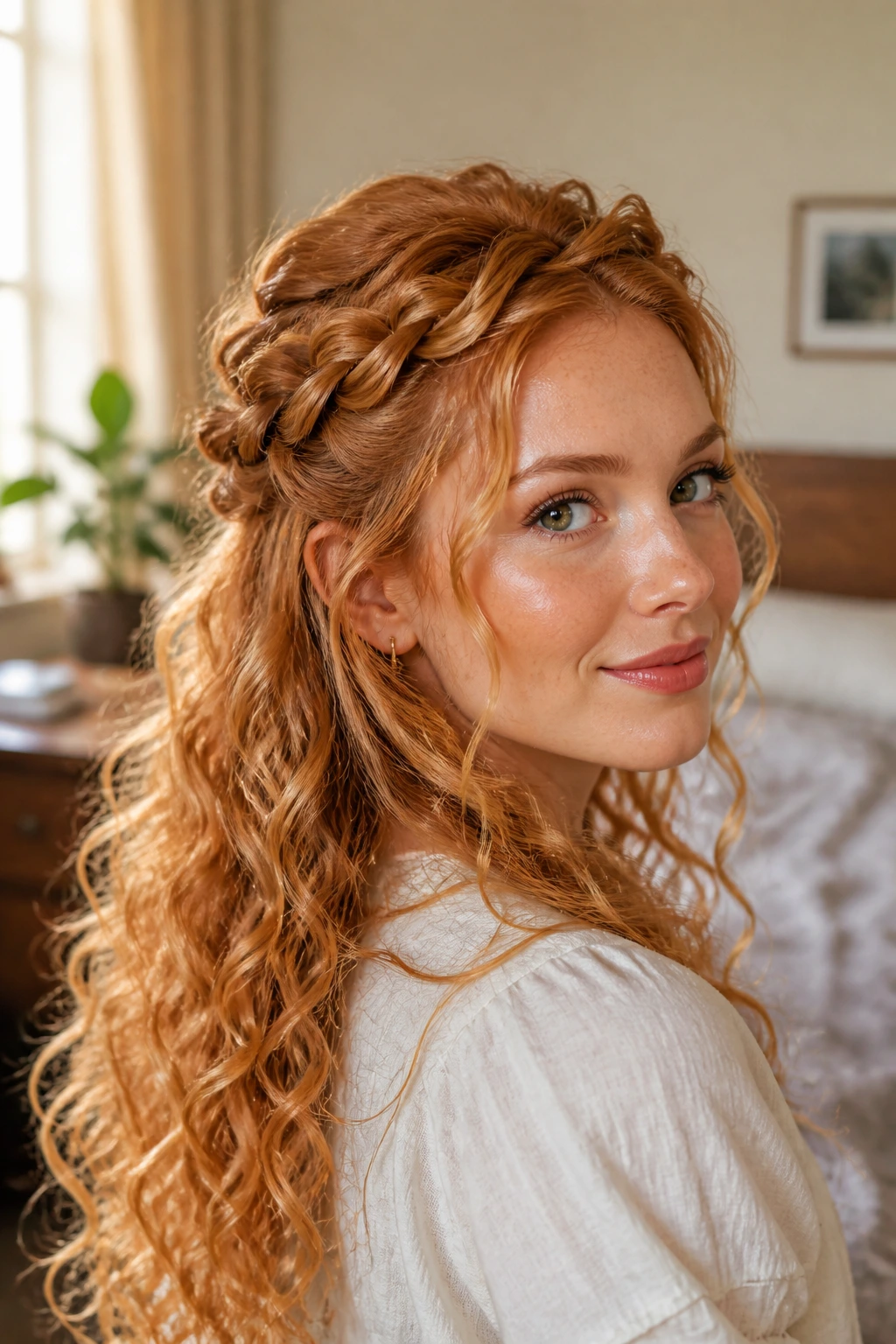 Close-up of a real woman with twisted half-up crown on strawberry-blonde hair.