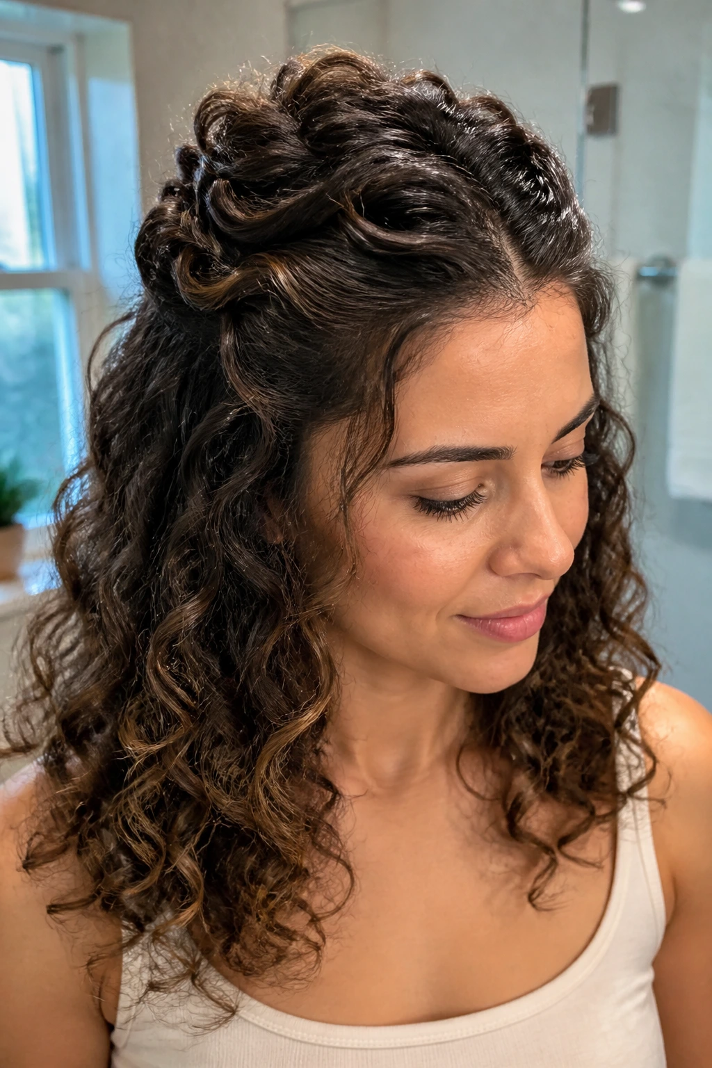 Close-up of a real woman with Twisted Half-Up and crown volume