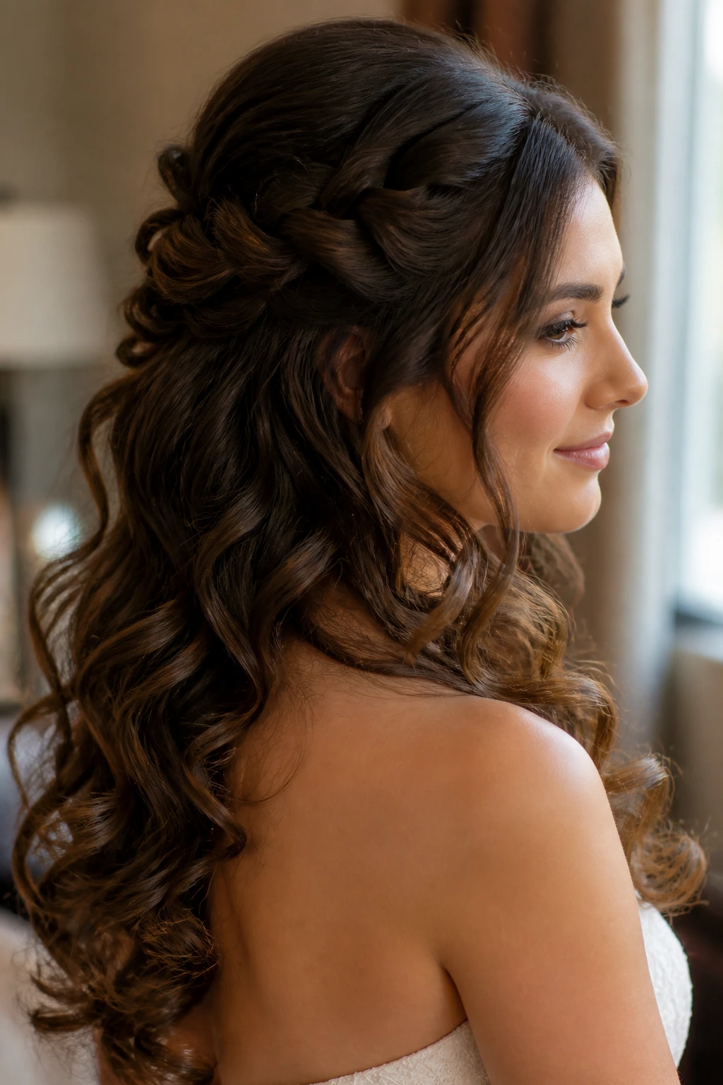 Close-up of a real woman with a twisted half-up hairstyle and cascading curls