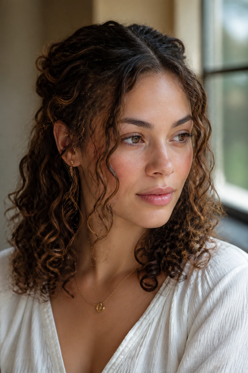 Portrait of a real woman with twisted half-up style and curtain pieces