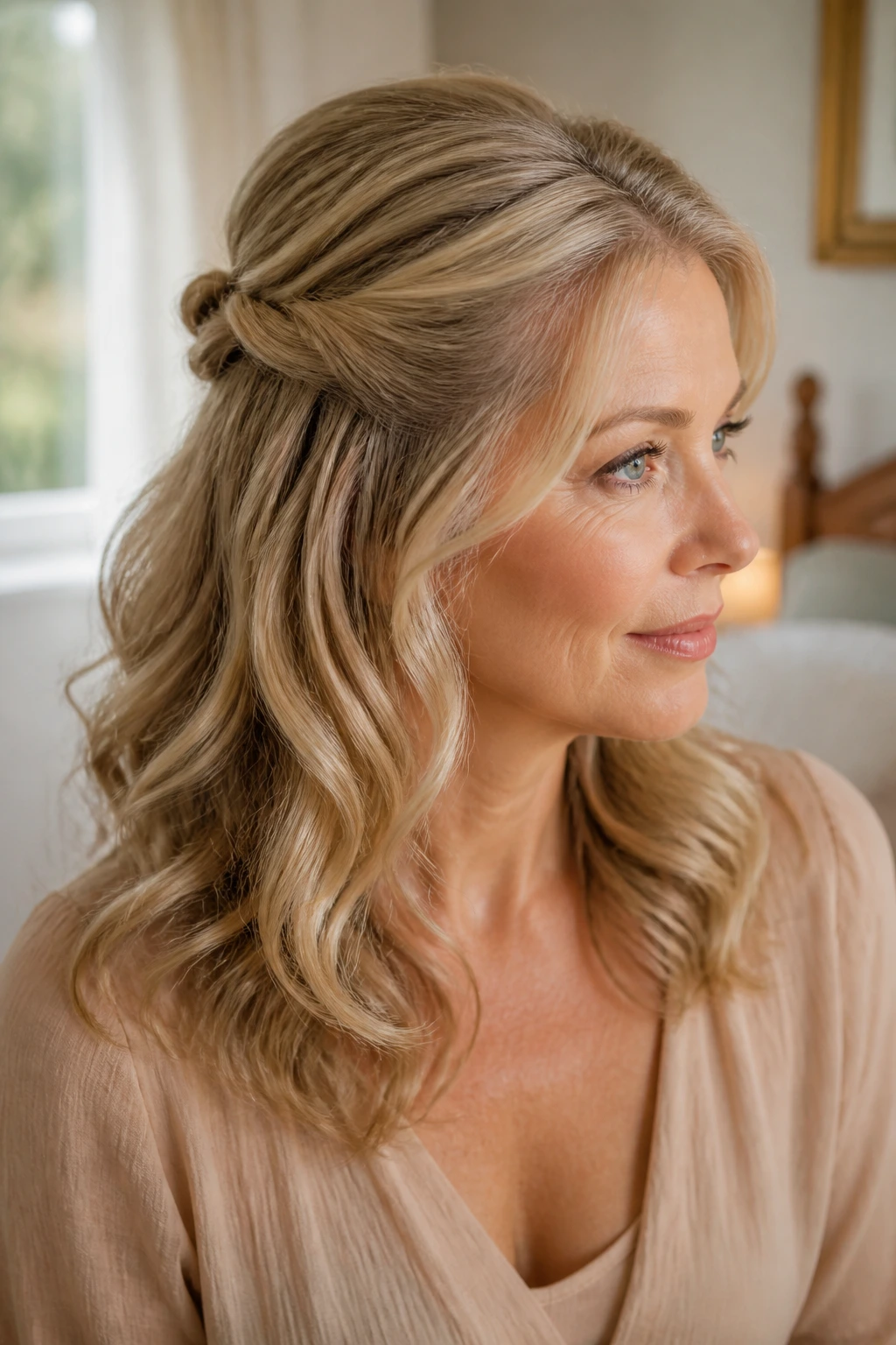 Portrait of a real woman with twisted half-up hairstyle