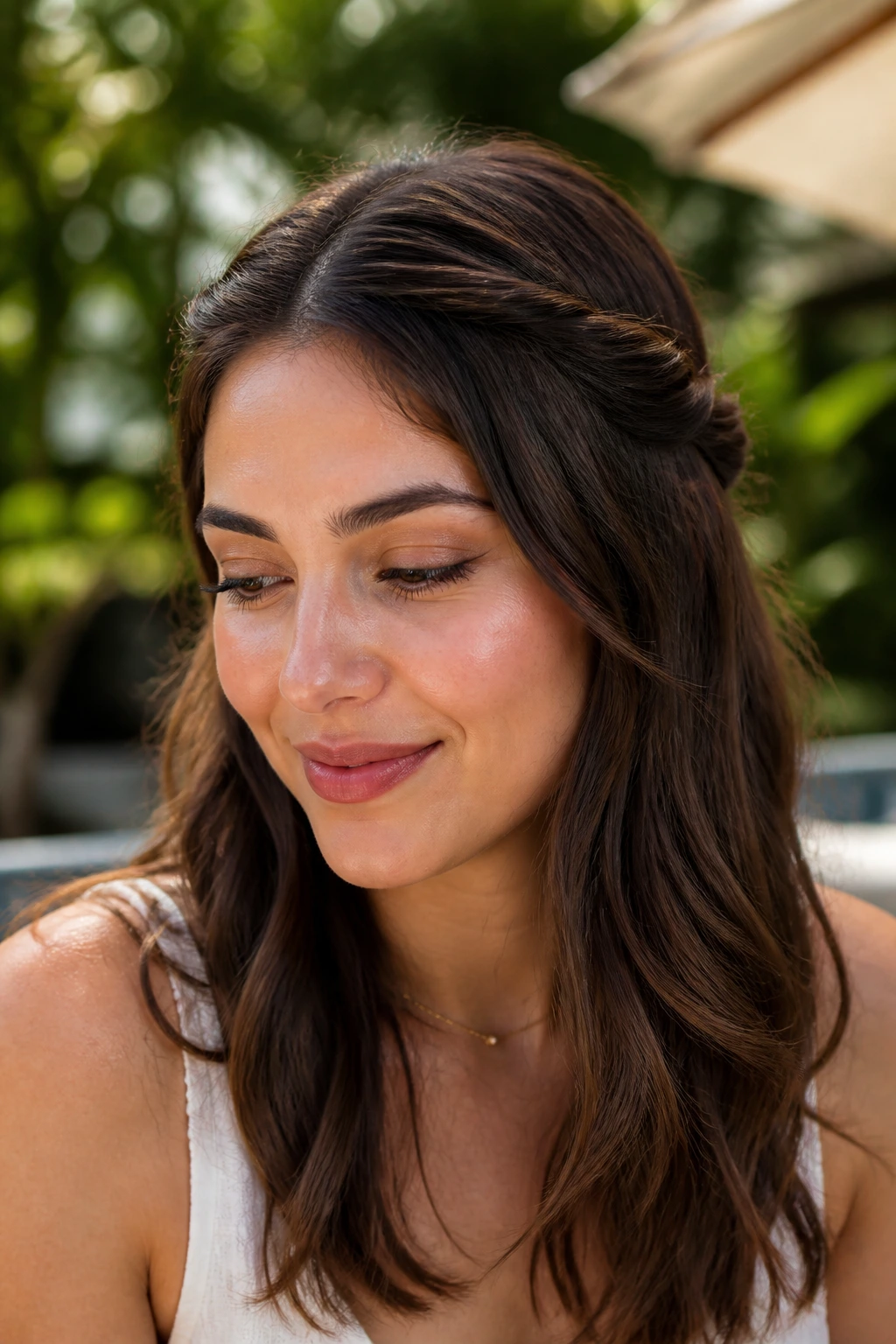 Close-up of a real woman with a twisted half-up halo hairstyle