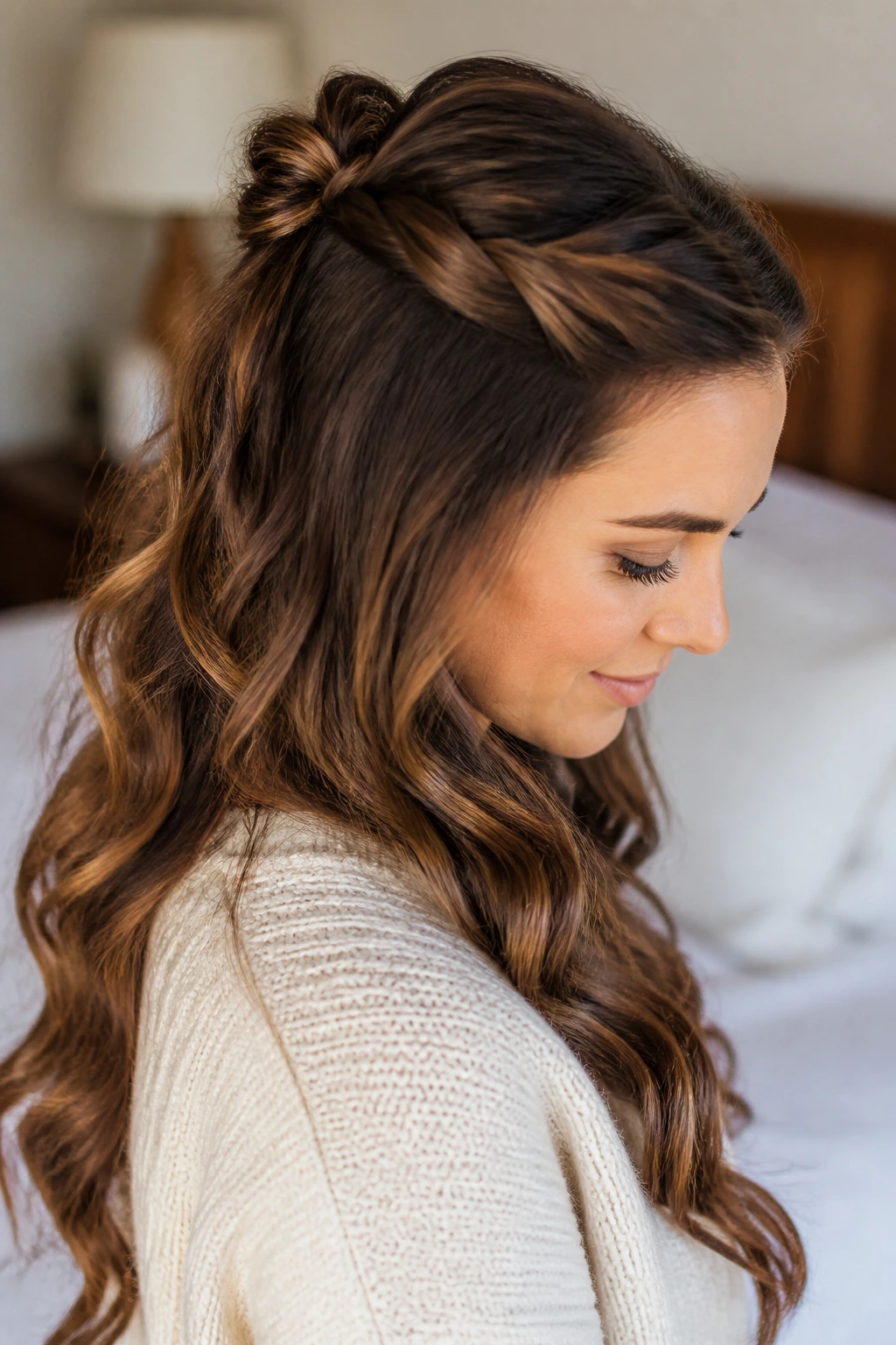 Close-up portrait of a woman with twisted half-up knot