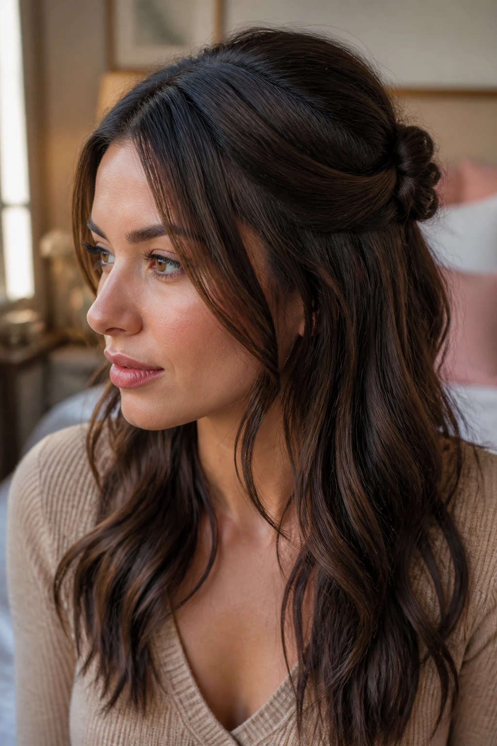Close-up portrait of brunette woman with twisted half-up knot at crown