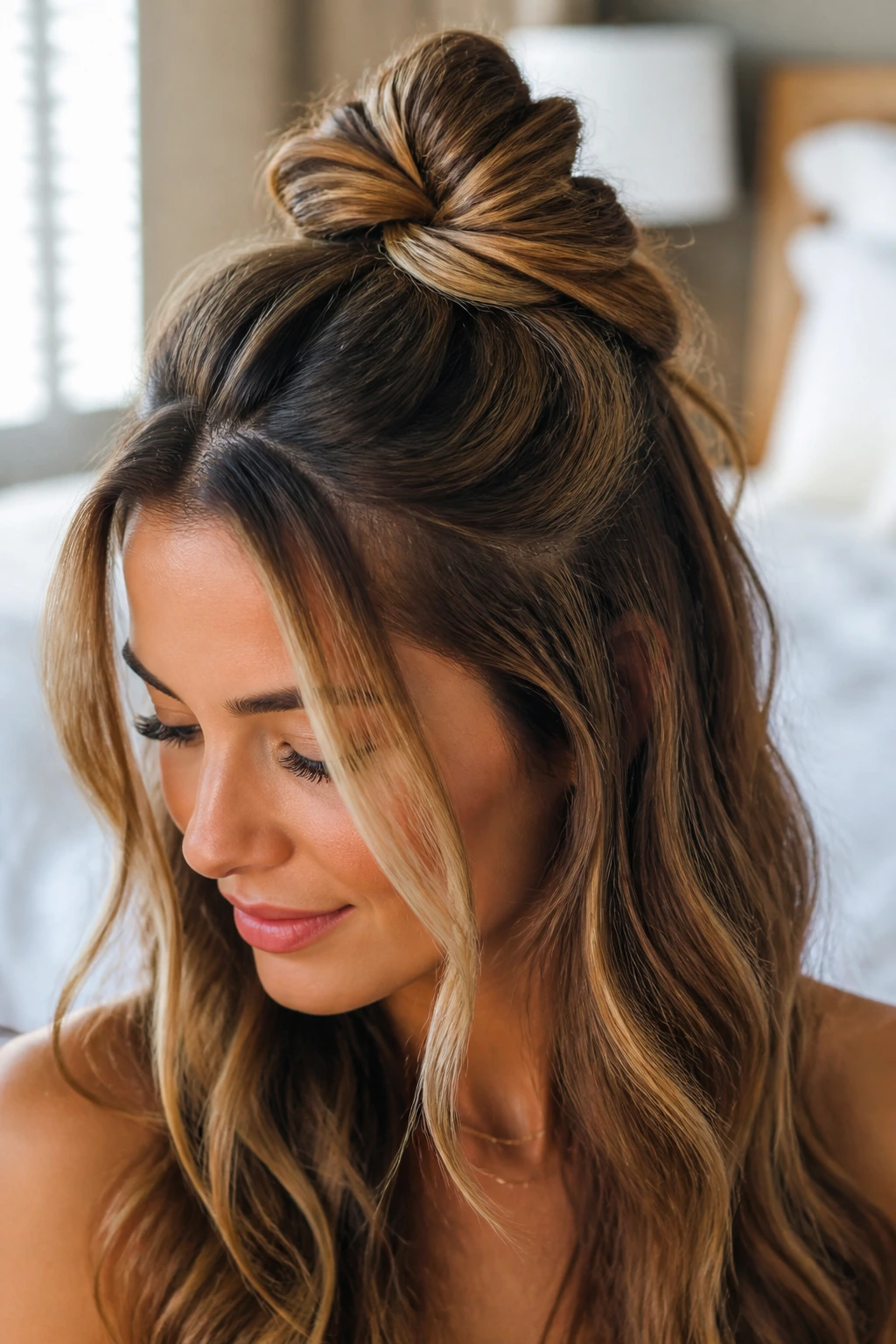 Real person with twisted half-up knot hairstyle