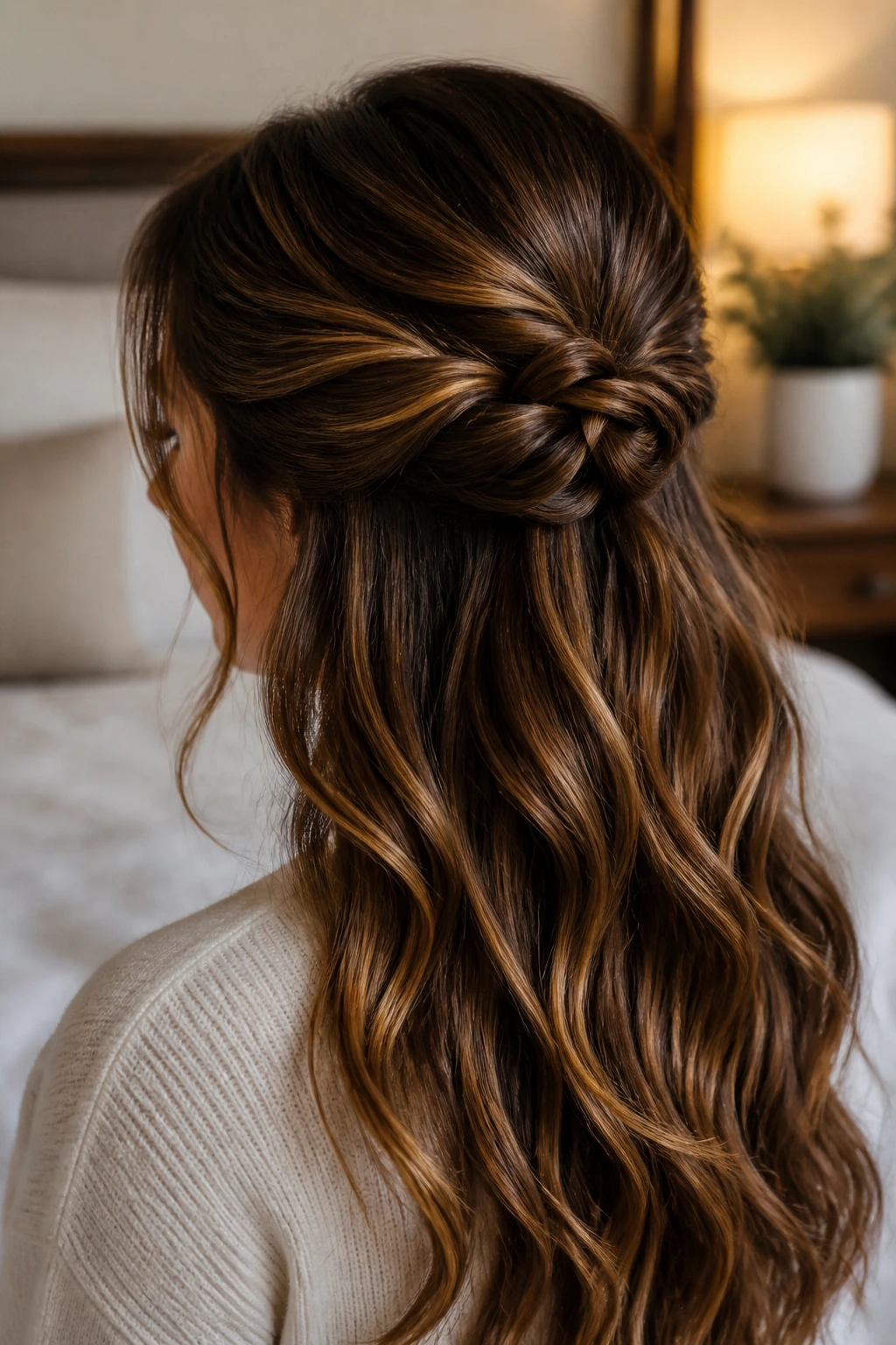 Close-up of twisted half-up knot with caramel highlights on a real person