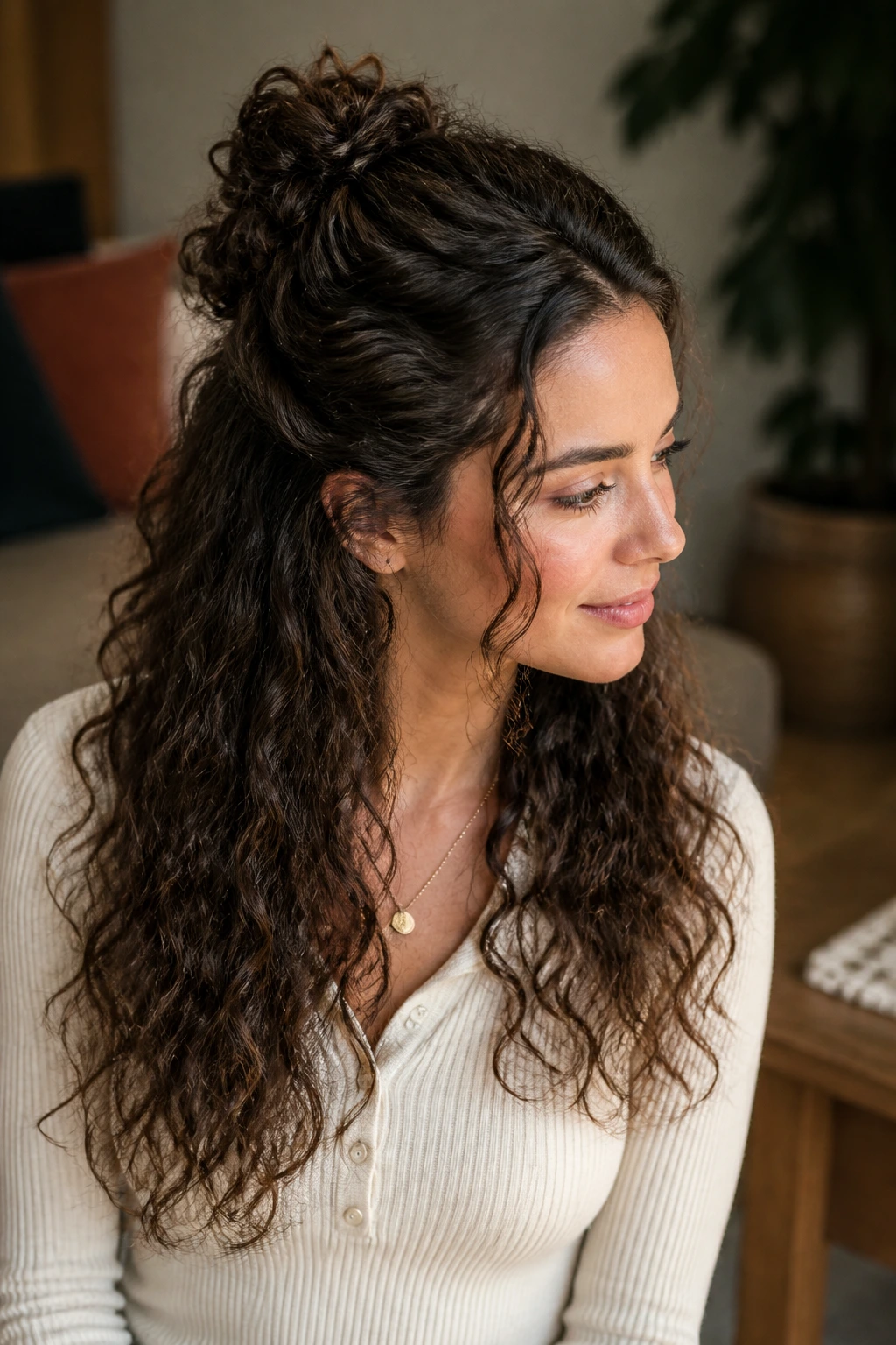 Close-up of a real woman with a twisted half-up knot and loose curls