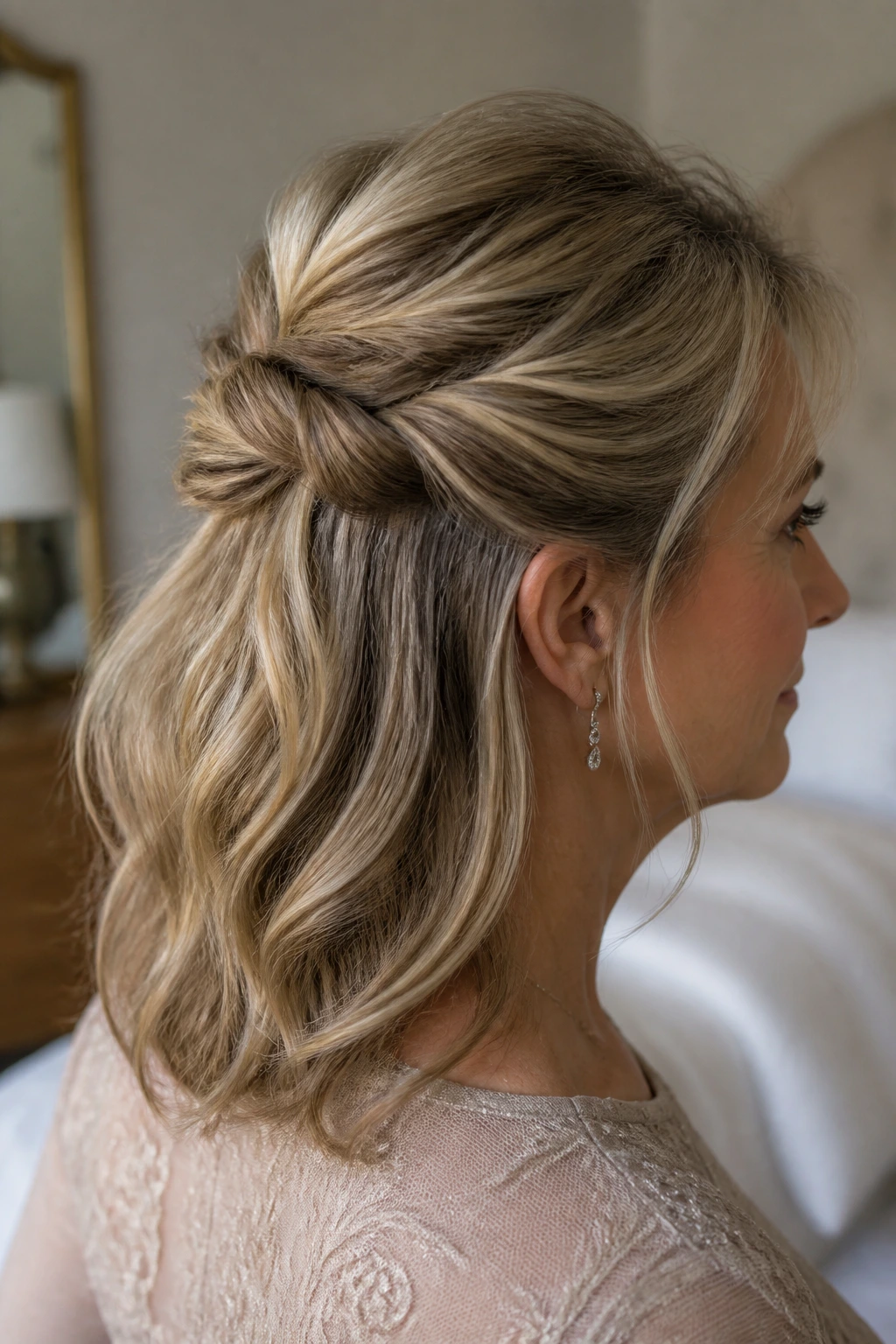 Close-up of real woman with twisted half-up knot and lifted crown