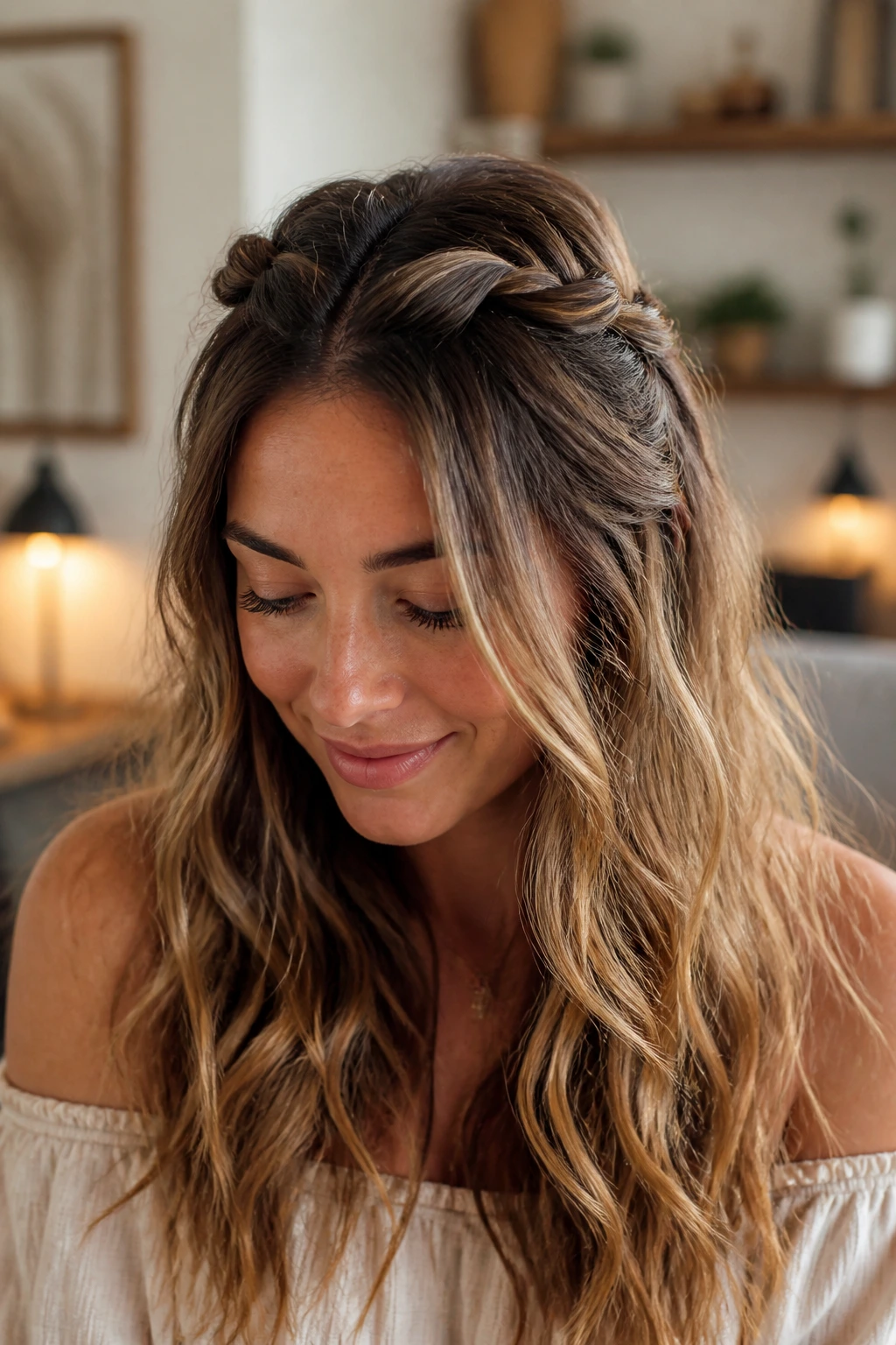 Close-up of a real woman with two twisted half-up knots in the hair