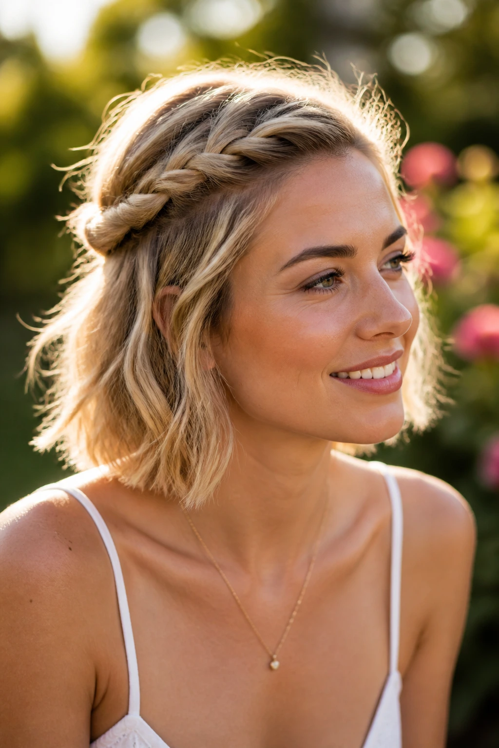 Close-up of a woman with a twisted half-up hairstyle and loose ends in warm light