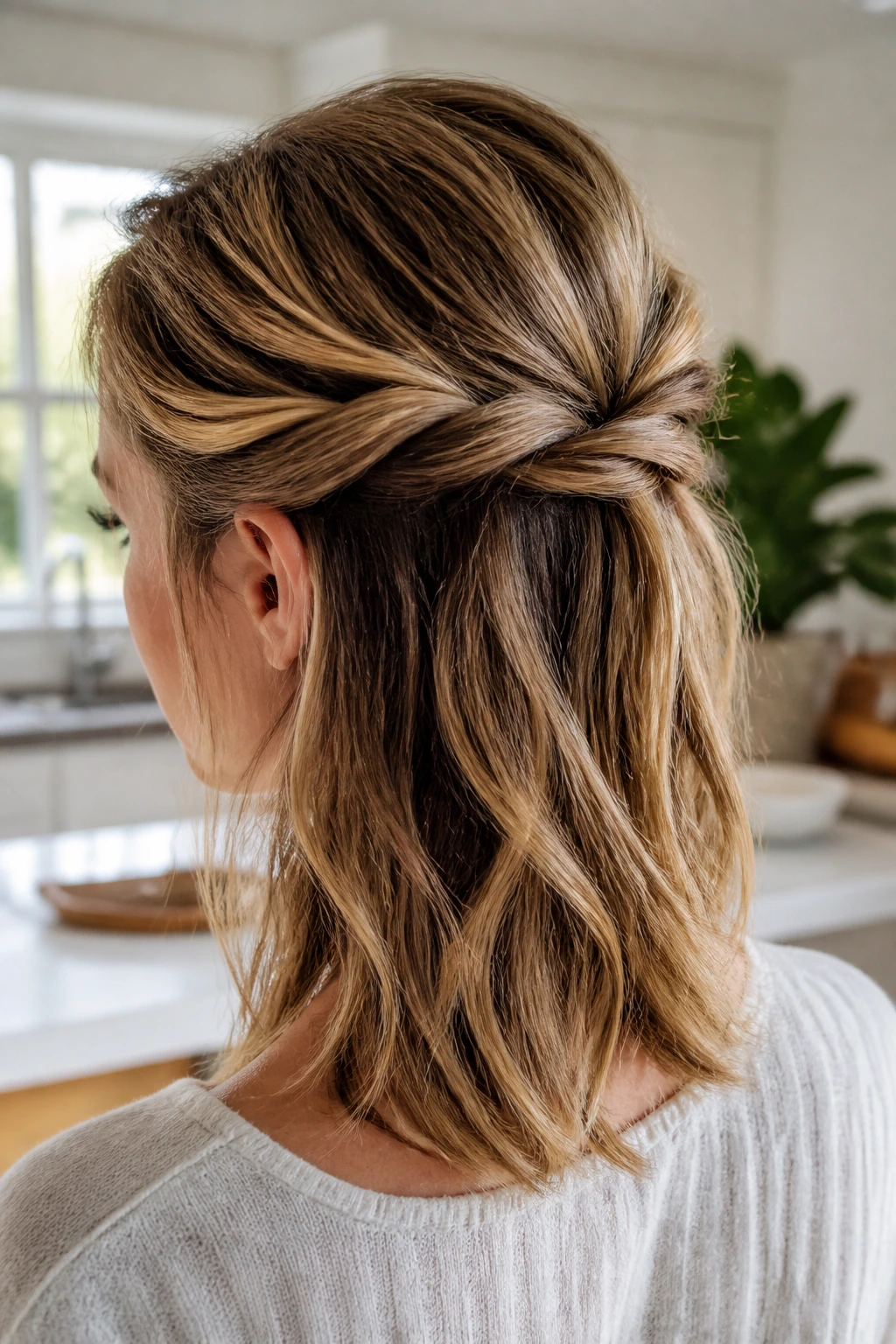 Real woman with a twisted half-up hairstyle and loose ends.