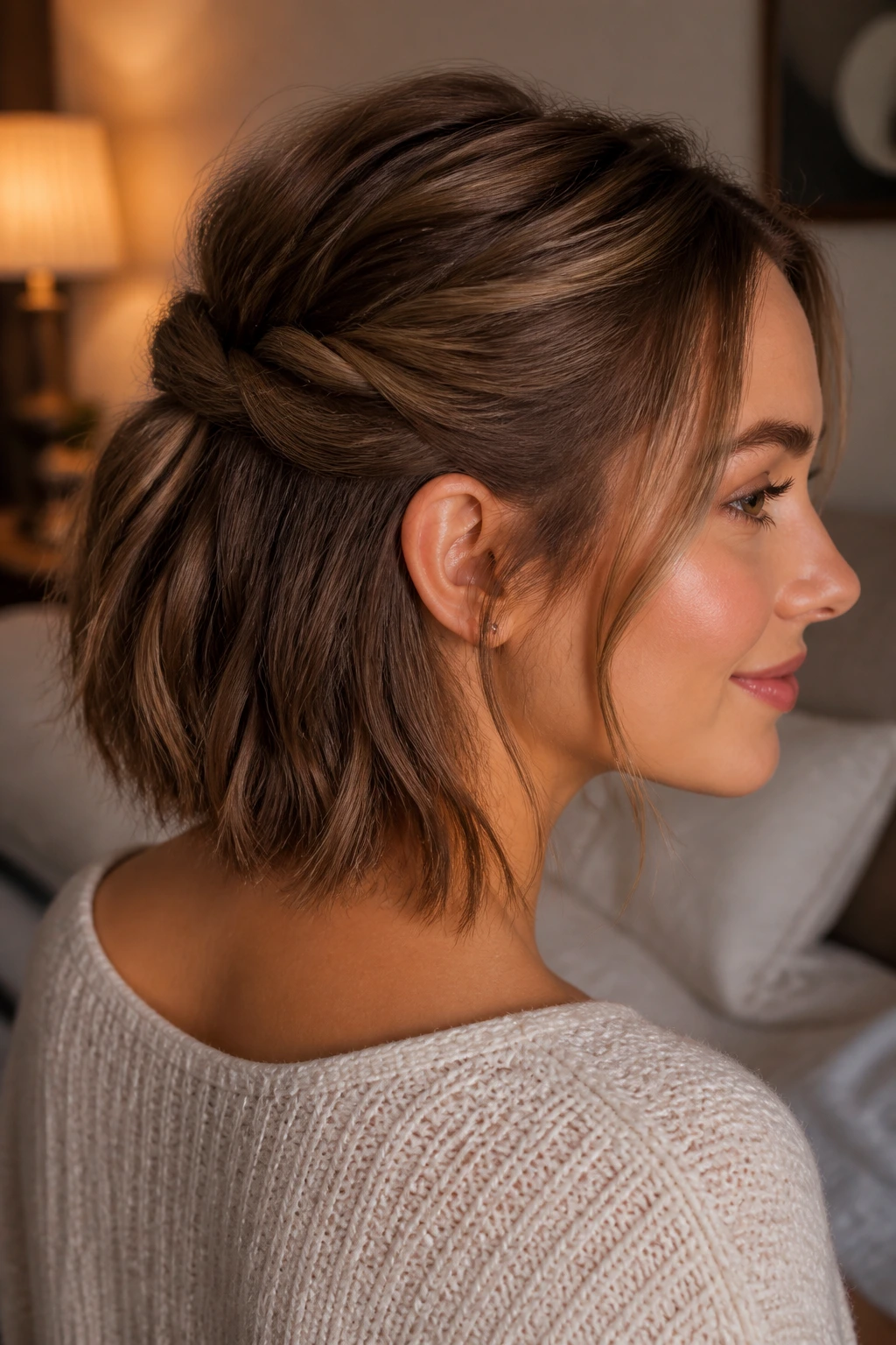 Close-up of a real woman with a twisted half-up pony.