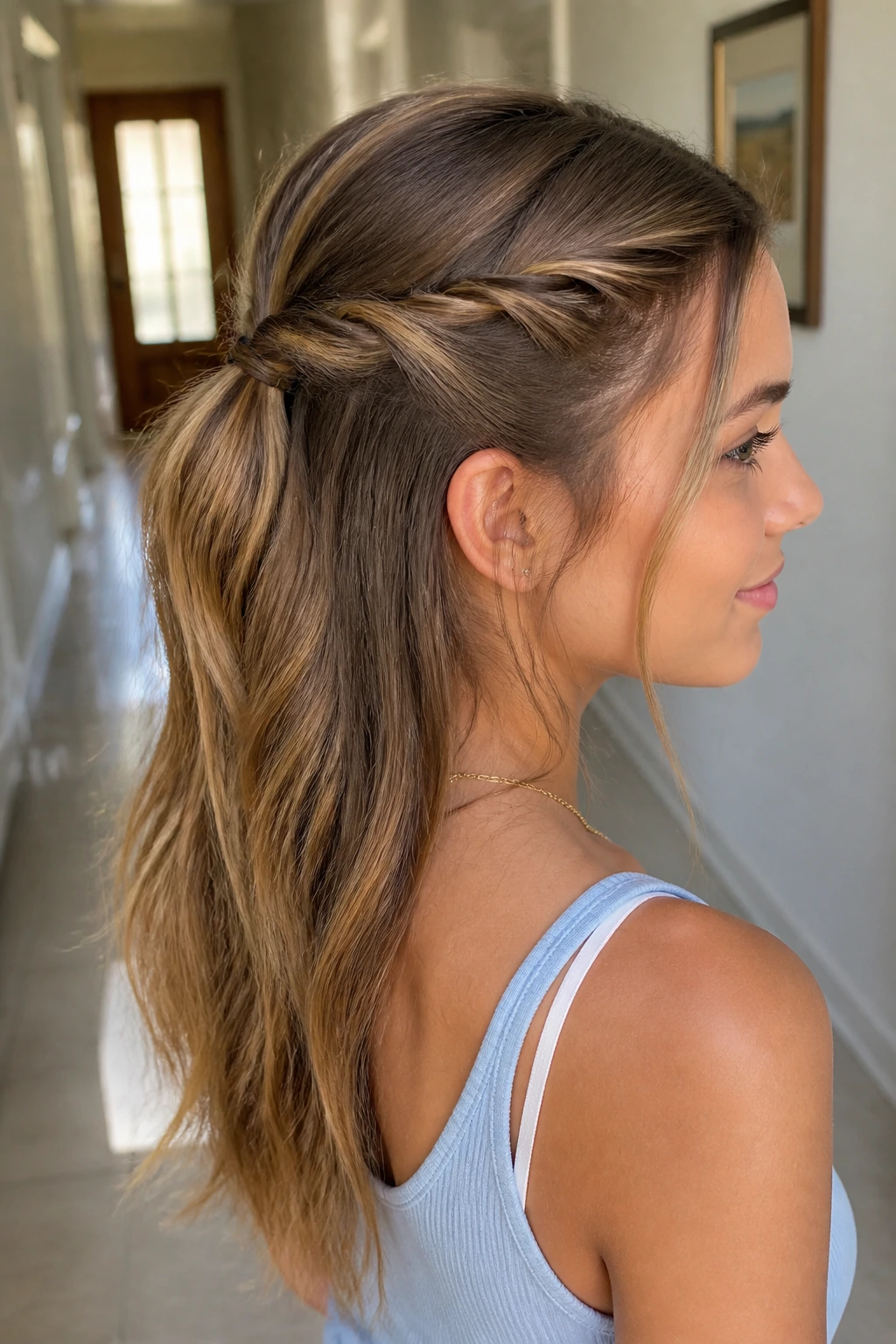 Close-up of a real person with twisted half-up pony hairstyle
