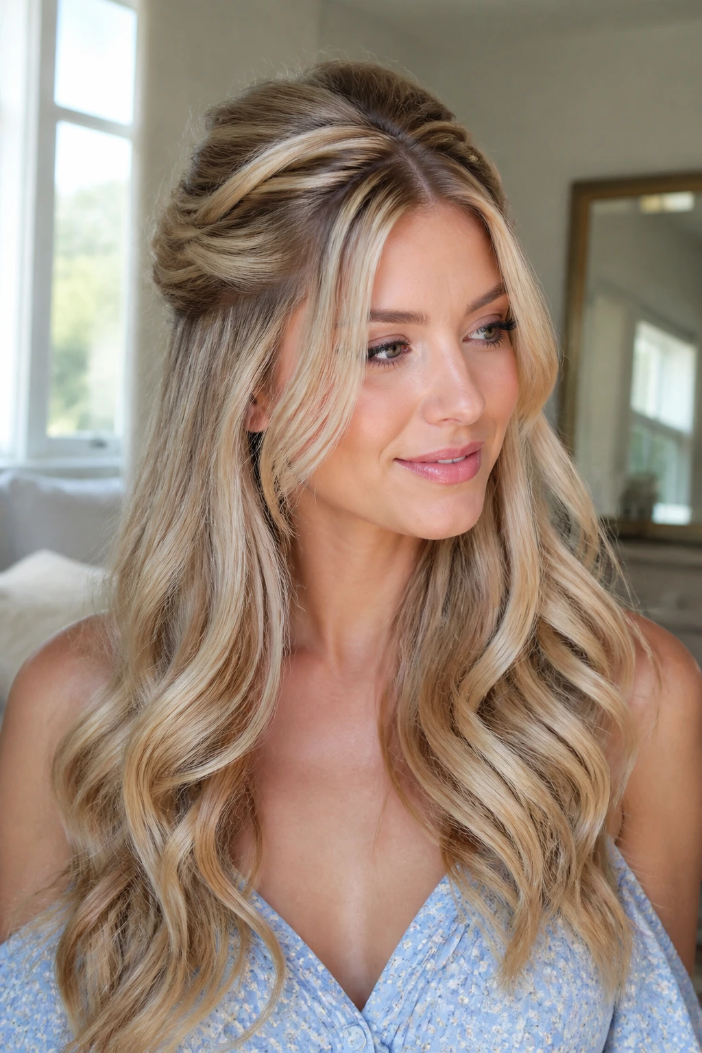 Real woman with twisted half-up hairstyle and ribbon highlights