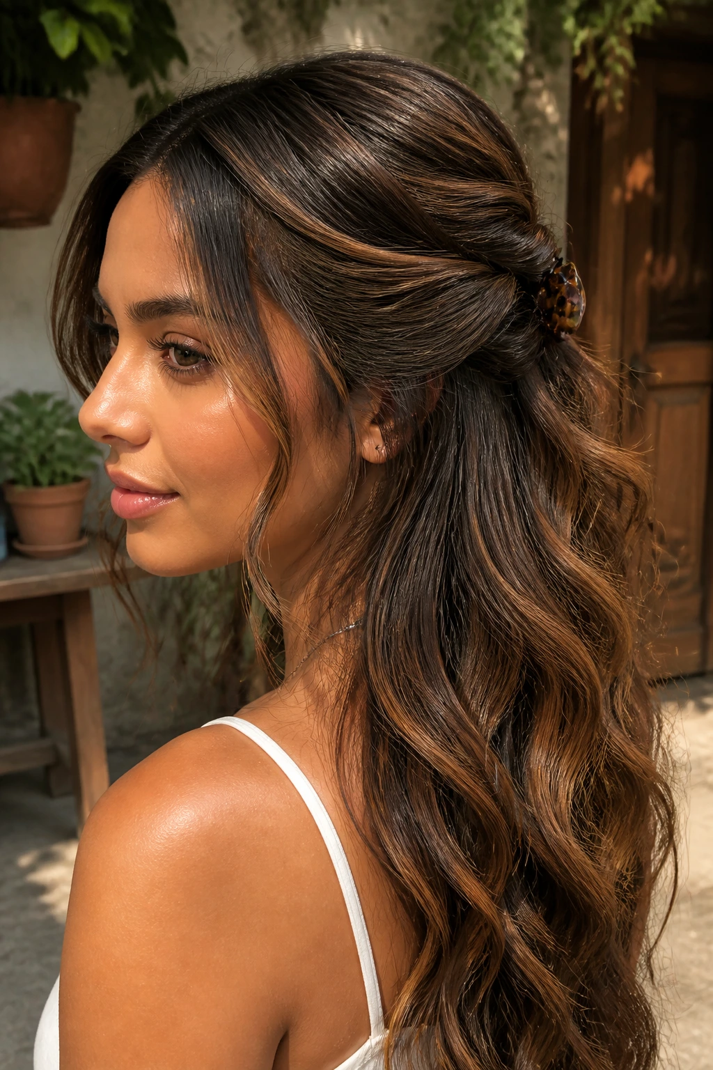 Close-up portrait of a real woman with twisted half-up style on tan skin