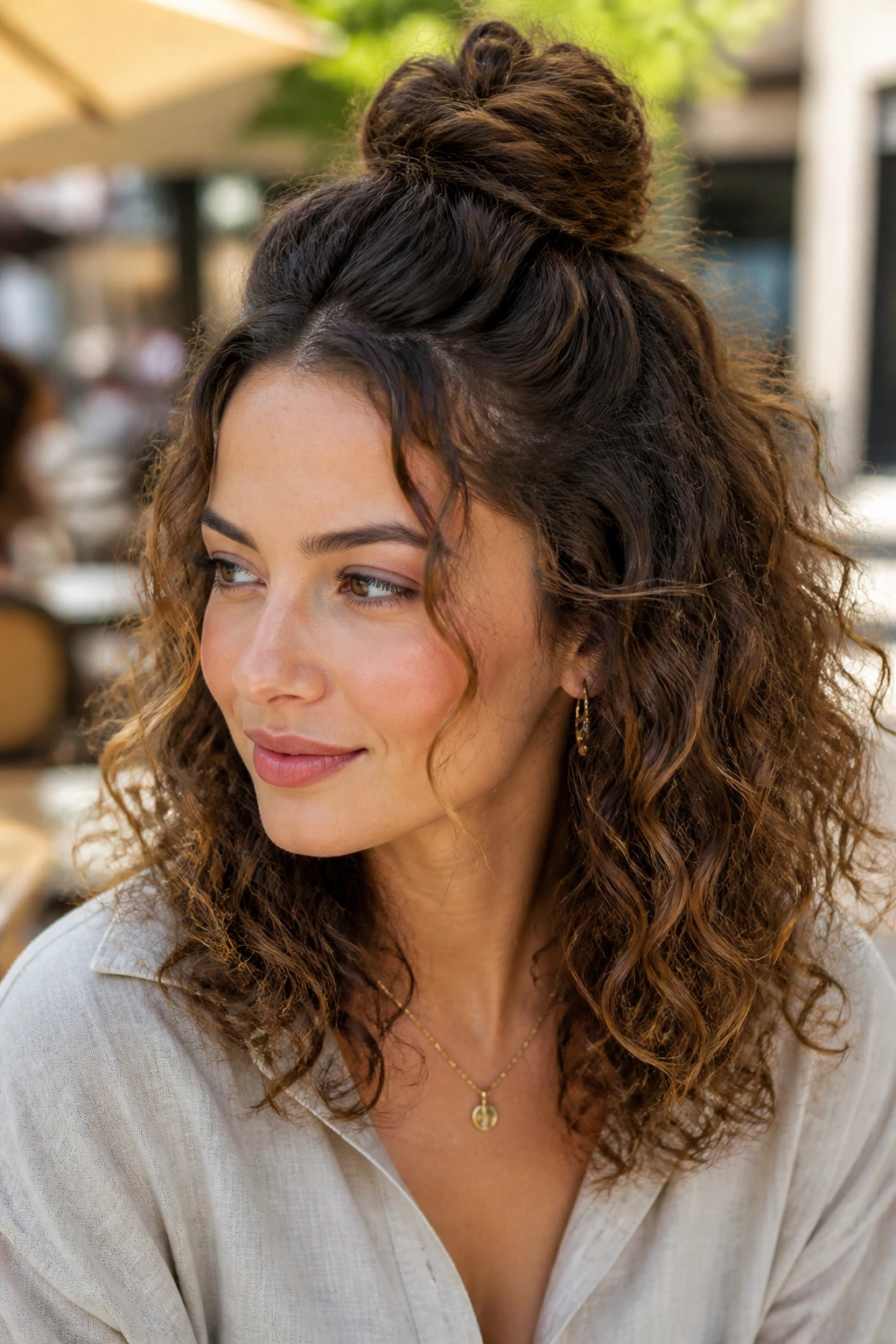 Close-up portrait of a real woman with a twisted half-up top knot hairstyle.
