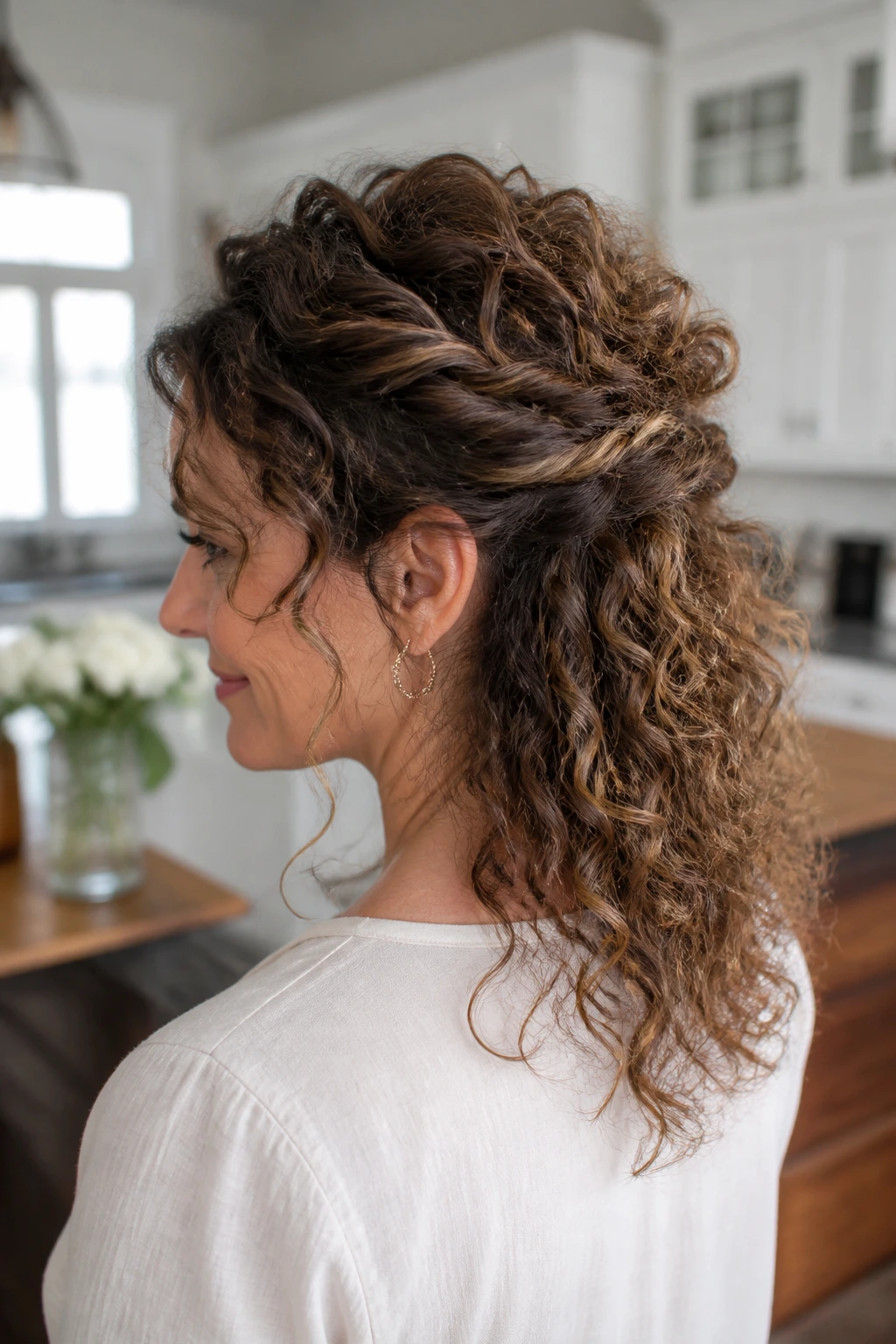 Three-quarter view of a woman with a twisted half-up hairstyle and crown volume.