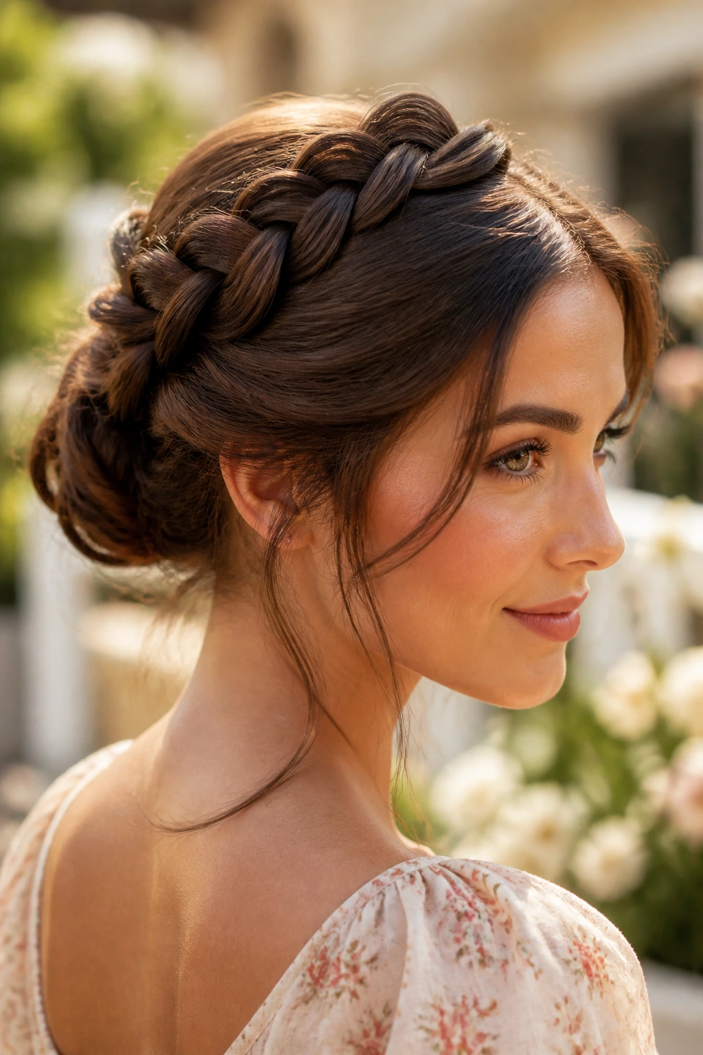 Close-up of brunette with twisted halo bun in natural light