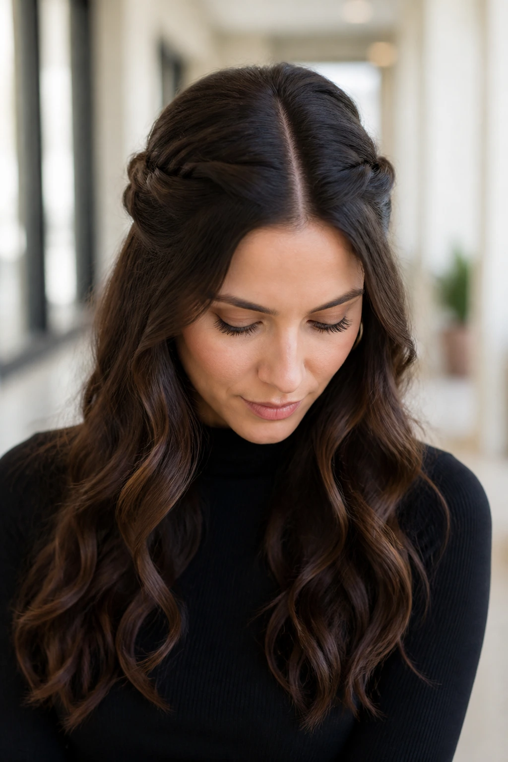 Portrait of a woman with a twisted halo half-up and center part hairstyle