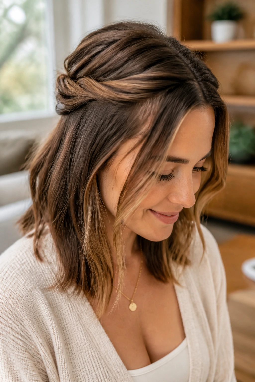 Close-up of a real woman with two front twists forming a halo half-up hairstyle