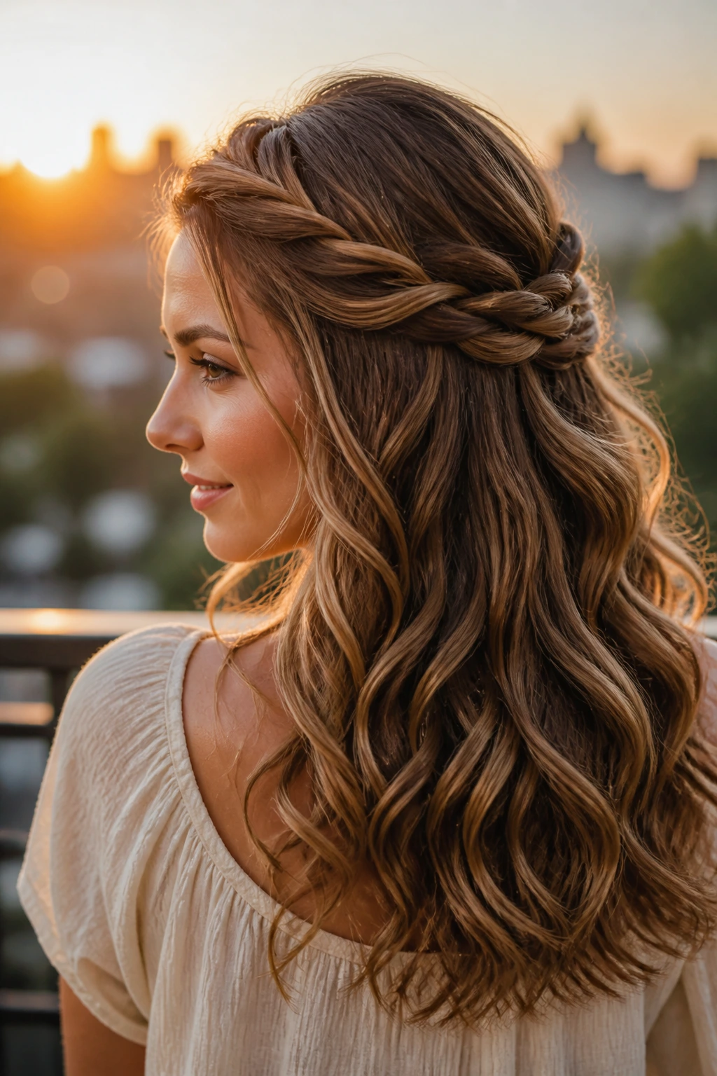 Portrait of a woman with twisted halo half-up hairstyle and caramel highlights