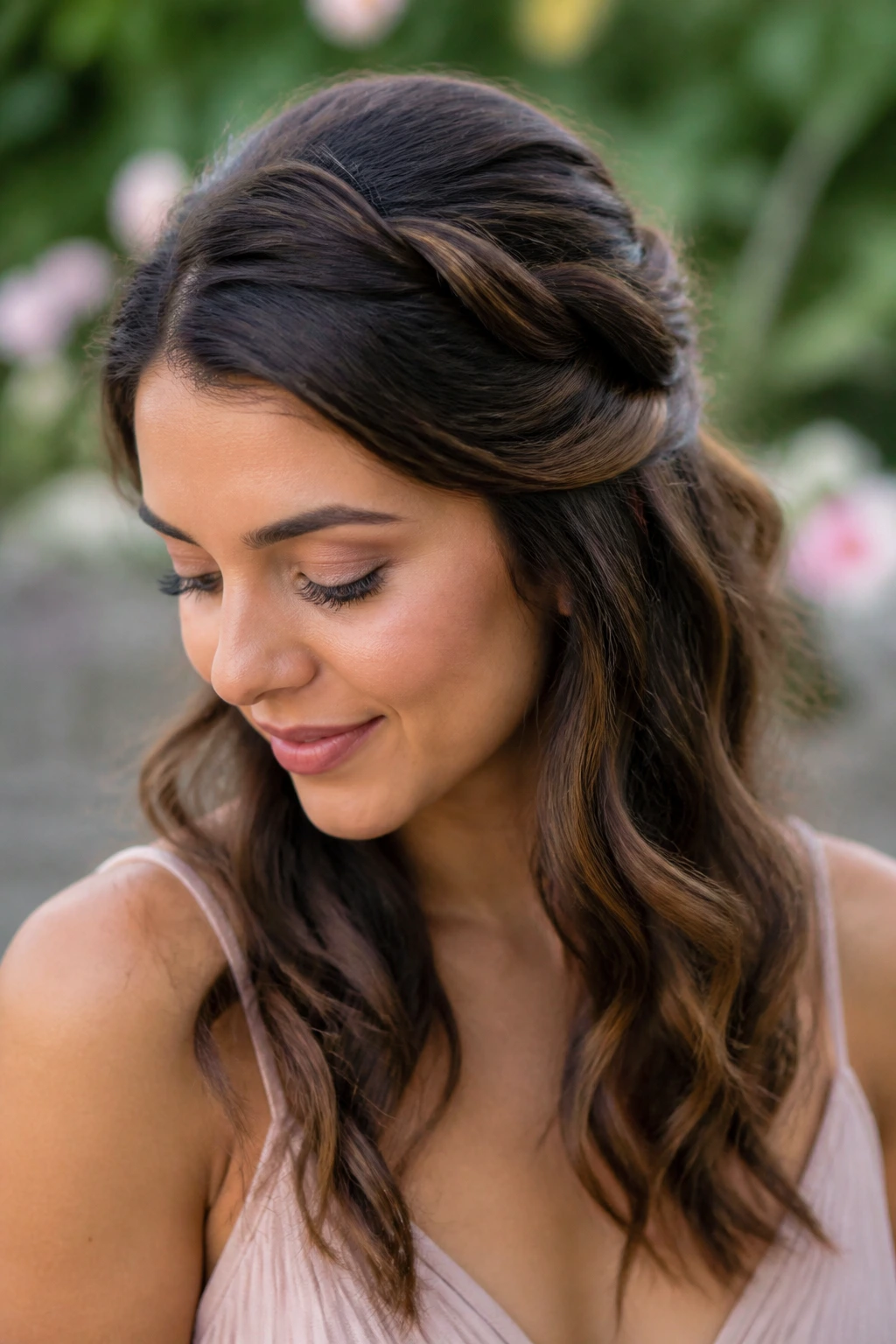 Close-up of a real woman with a twisted halo half-up hairstyle.