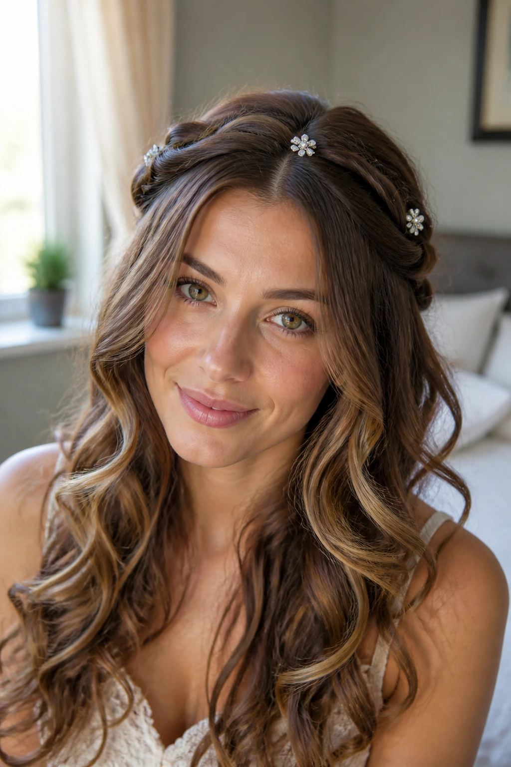 Close-up of a real woman with a twisted halo and jeweled clips among long curls.