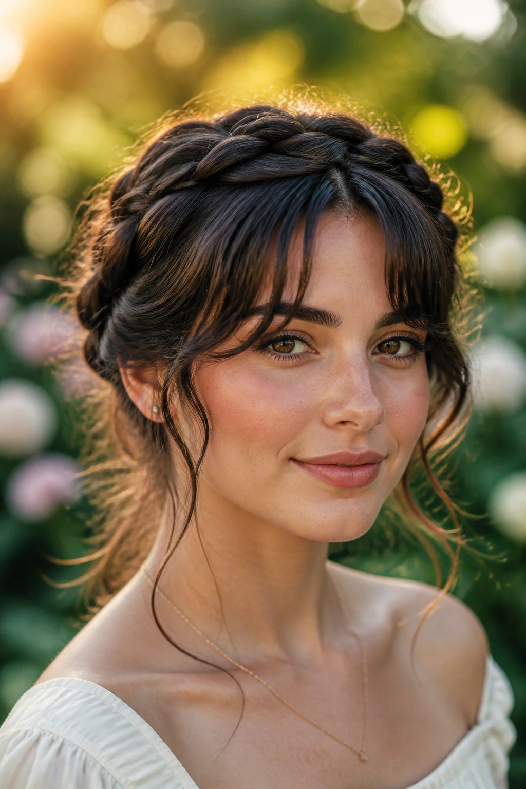 Close-up portrait of a real woman with a twisted halo updo and curtain bangs