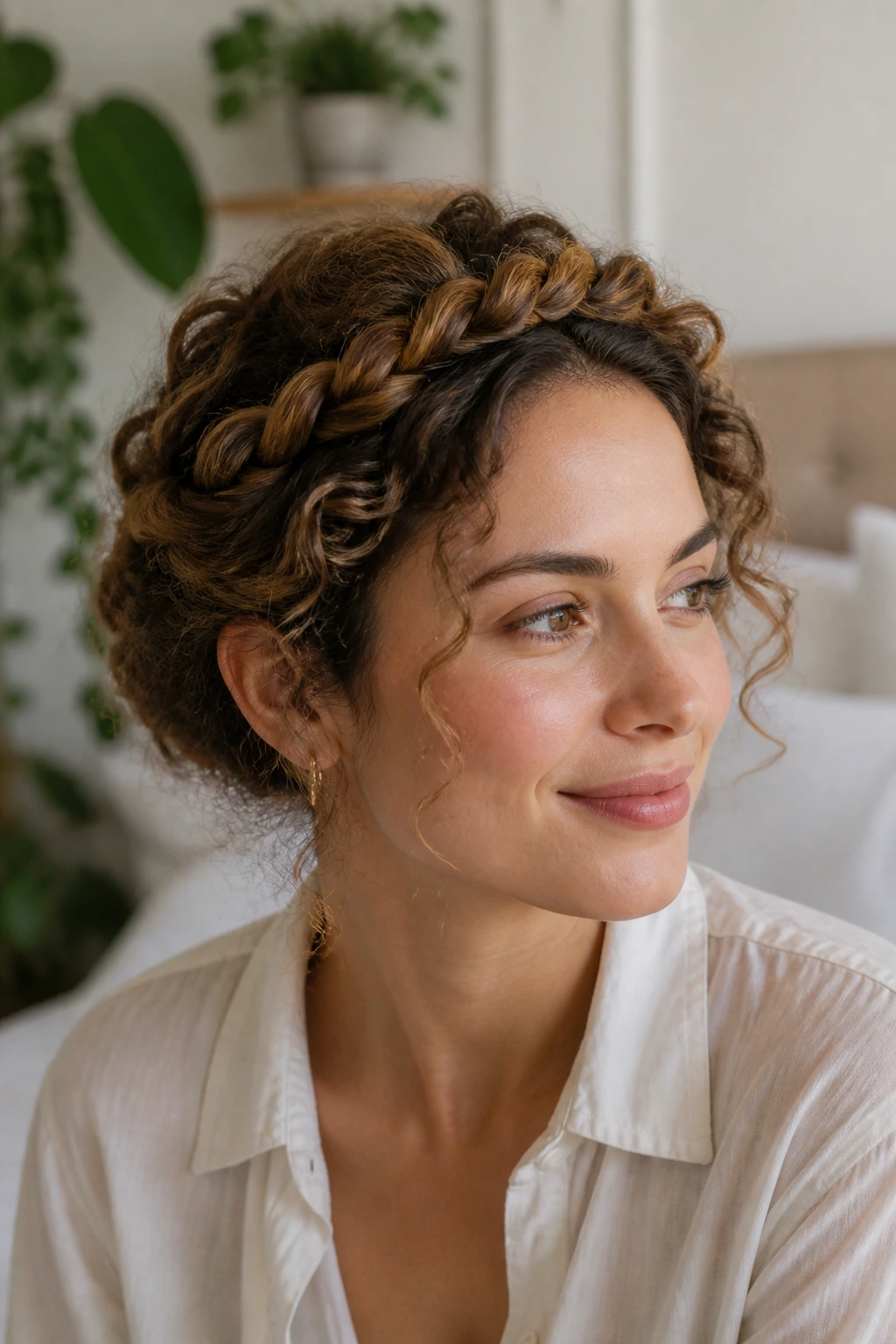 Close-up of a real woman wearing a twisted halo updo in natural morning light