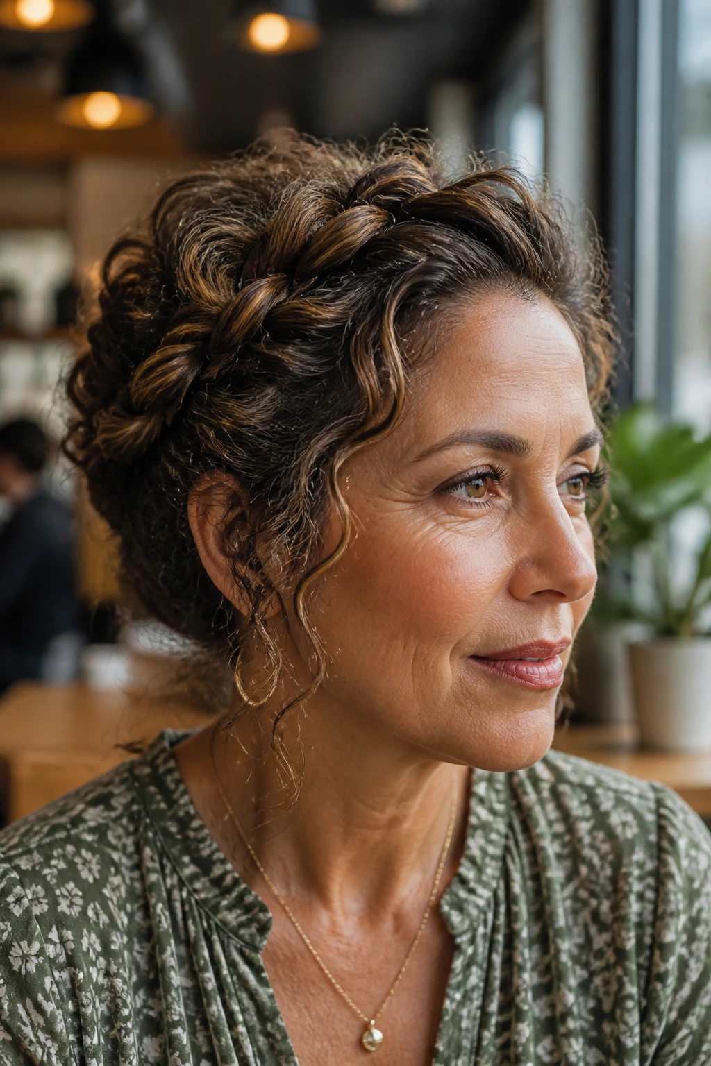 Close-up of a real woman with a twisted halo updo and soft face framing