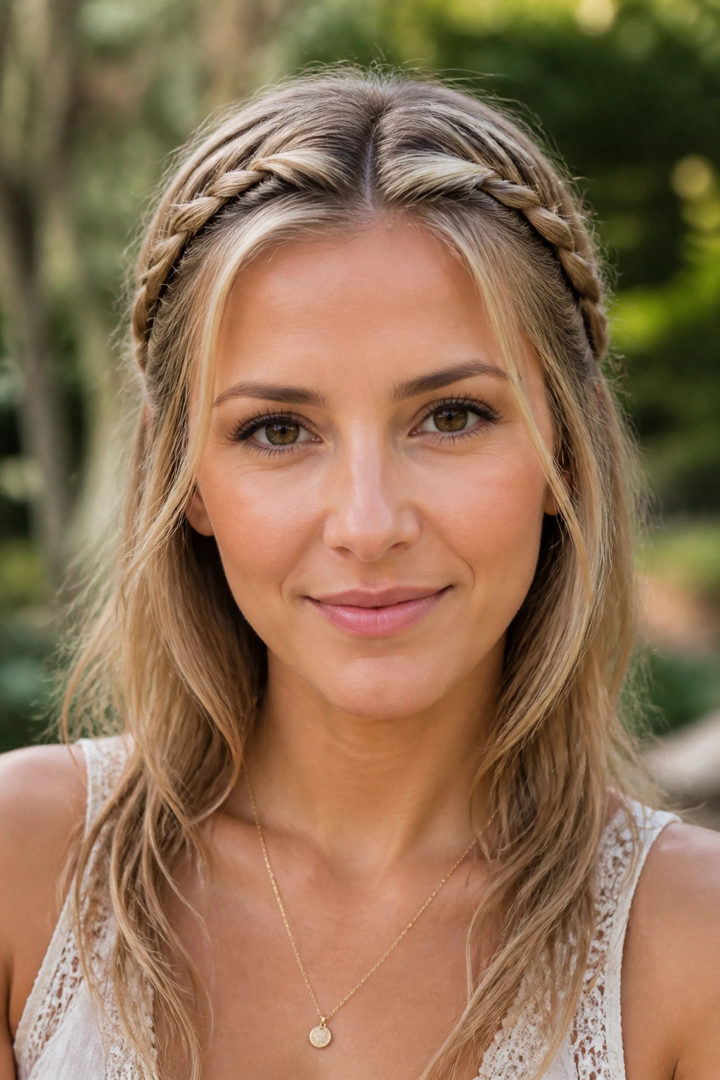 Close-up of a real woman wearing a twisted headband hairstyle