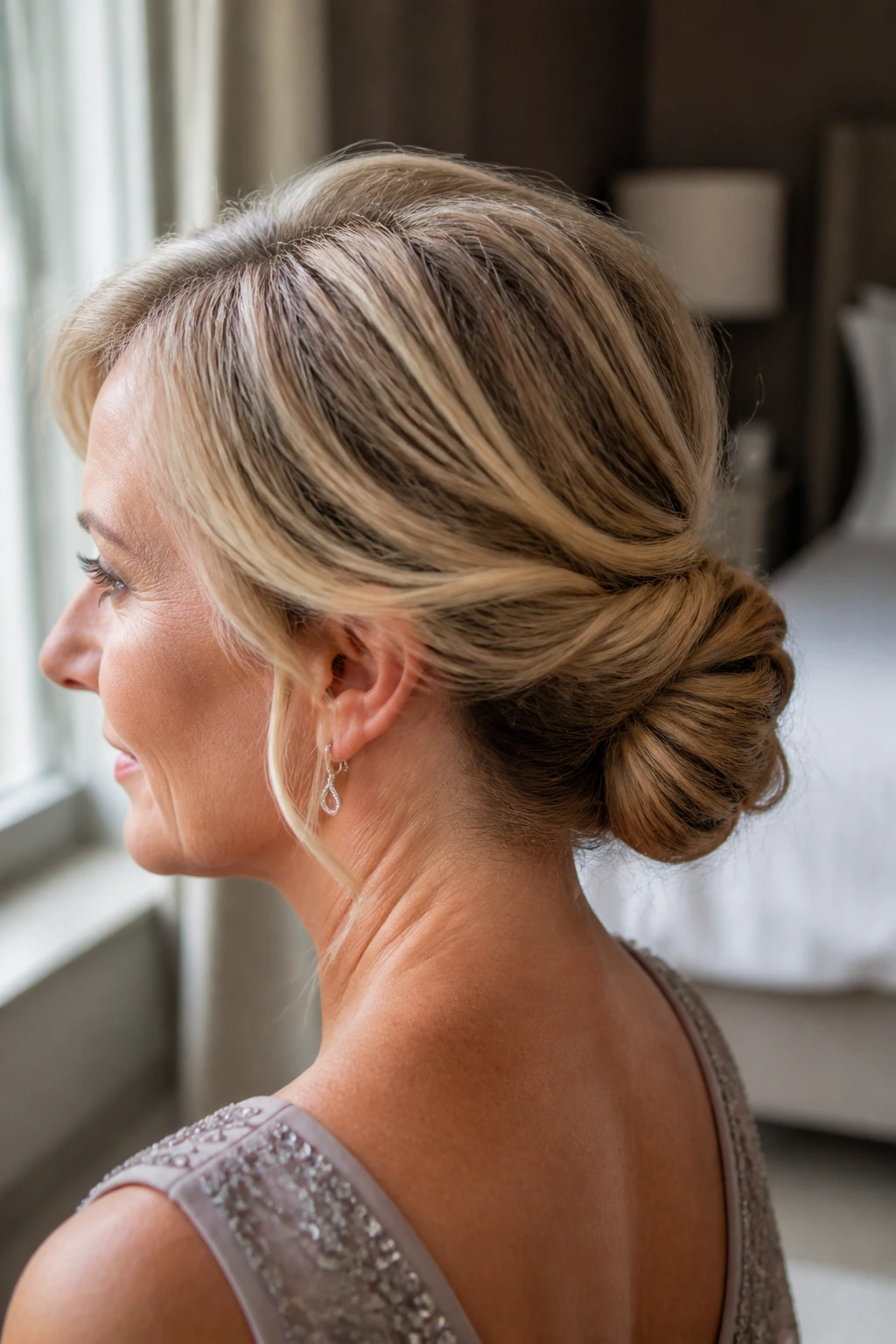 Close-up of a real woman with a low twisted knot at the nape in soft bedroom lighting