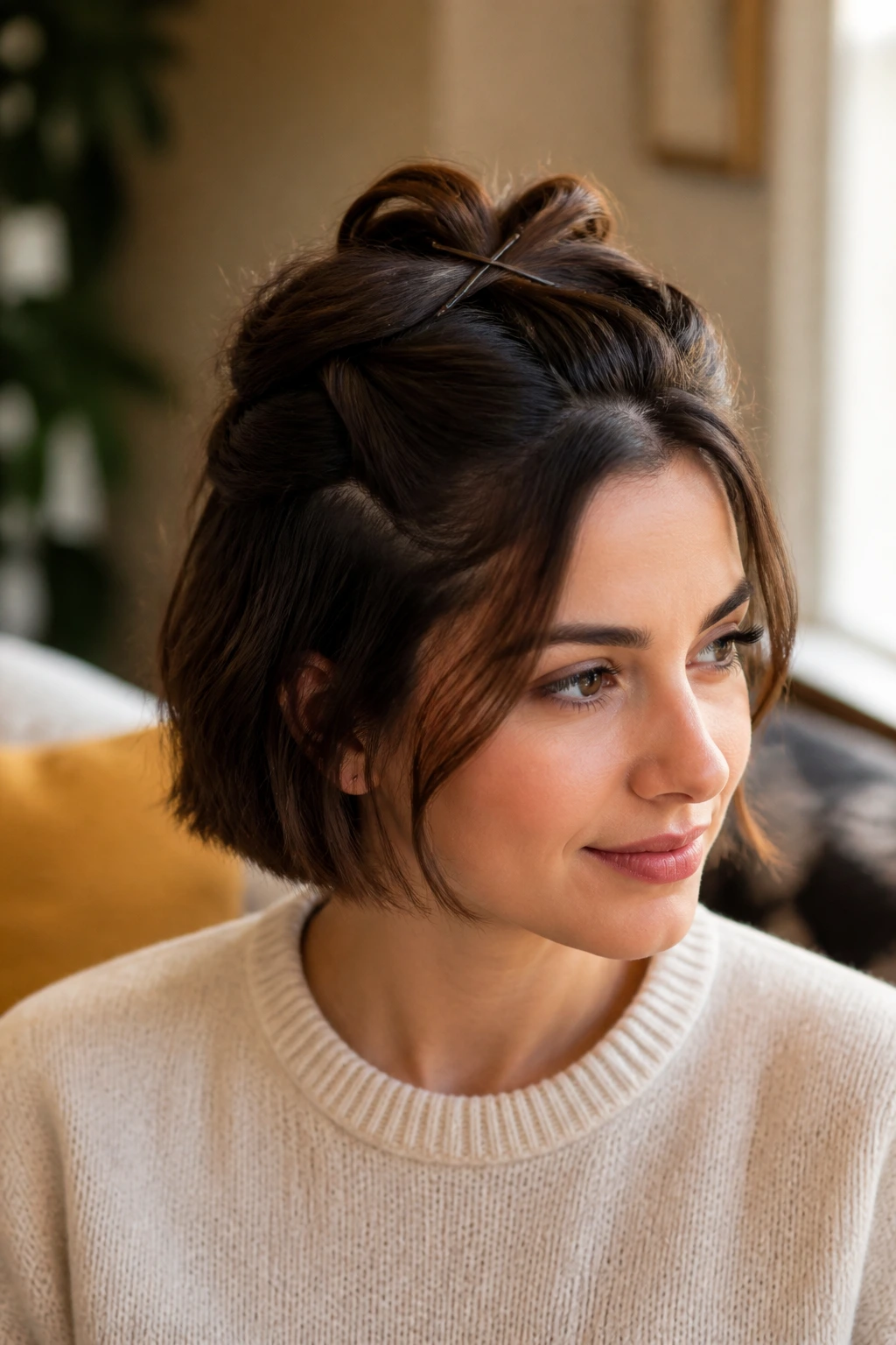Soft twisted loop hairstyle on short hair.