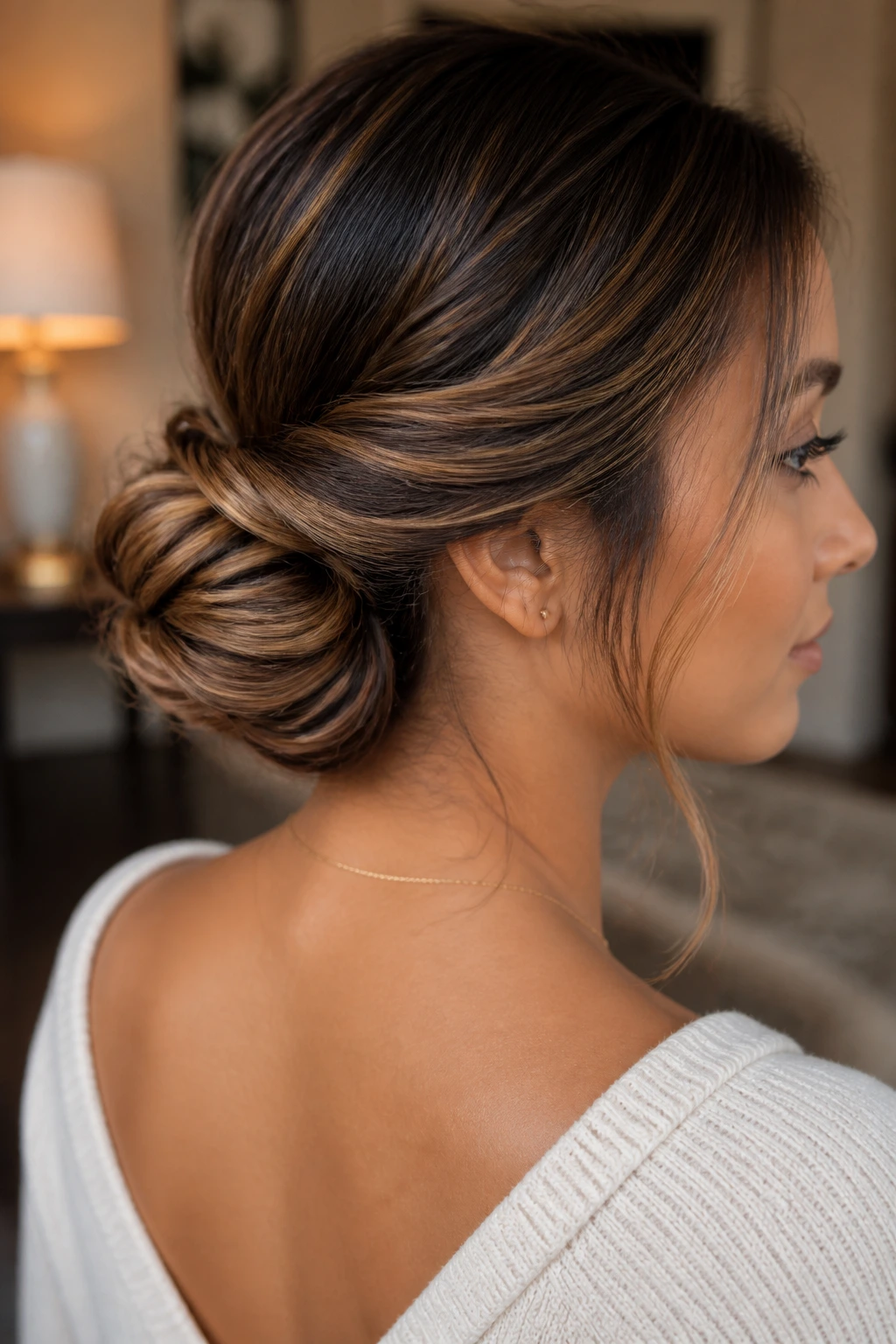Real woman with twisted low bun and dimensional caramel strips