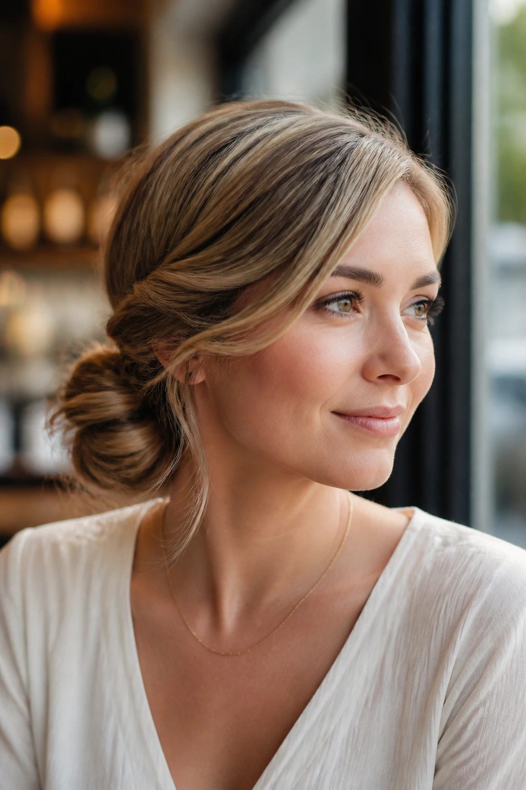 Woman with twisted low bun and side sweep