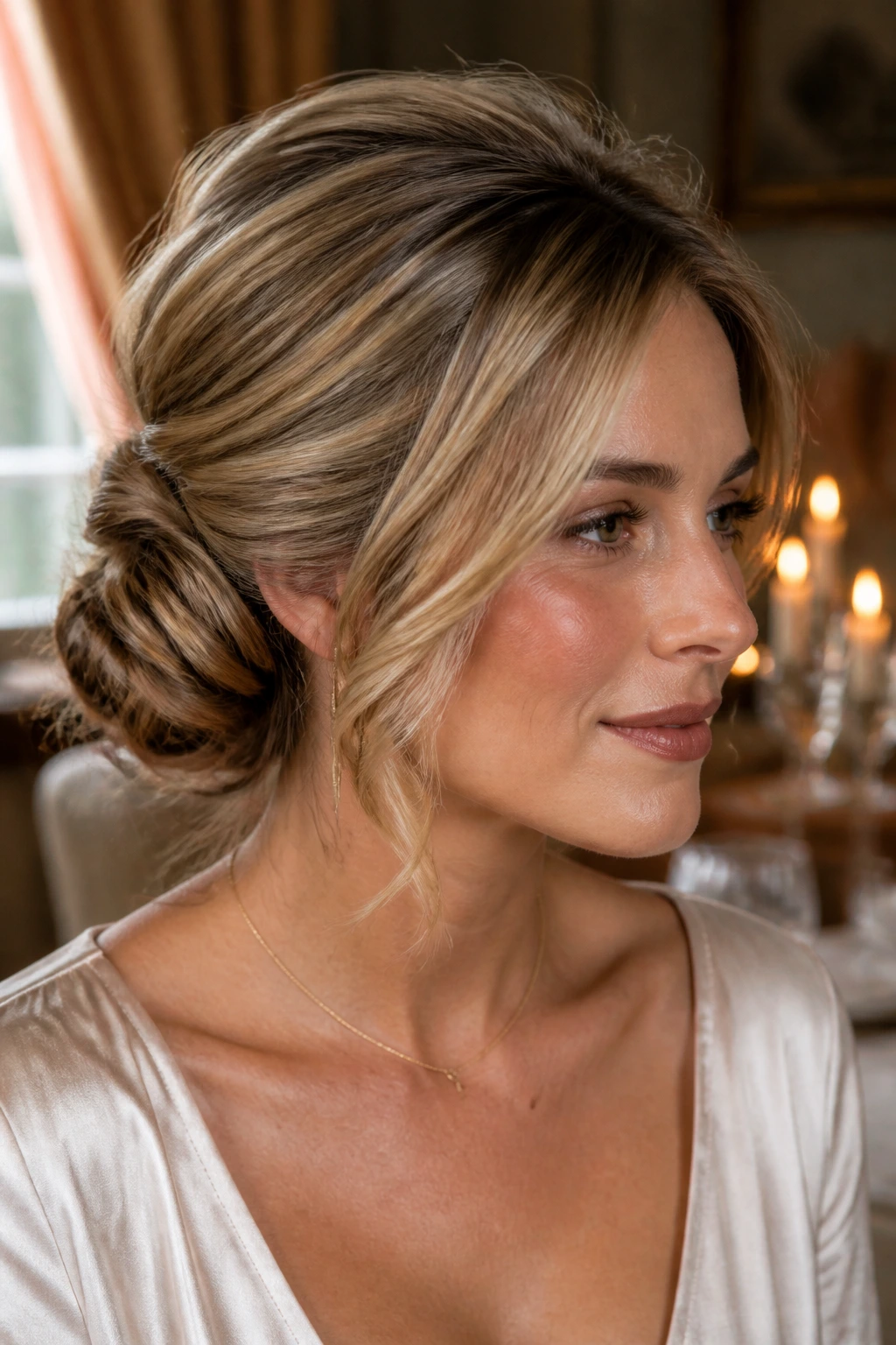 Real woman with twisted low bun and side volume