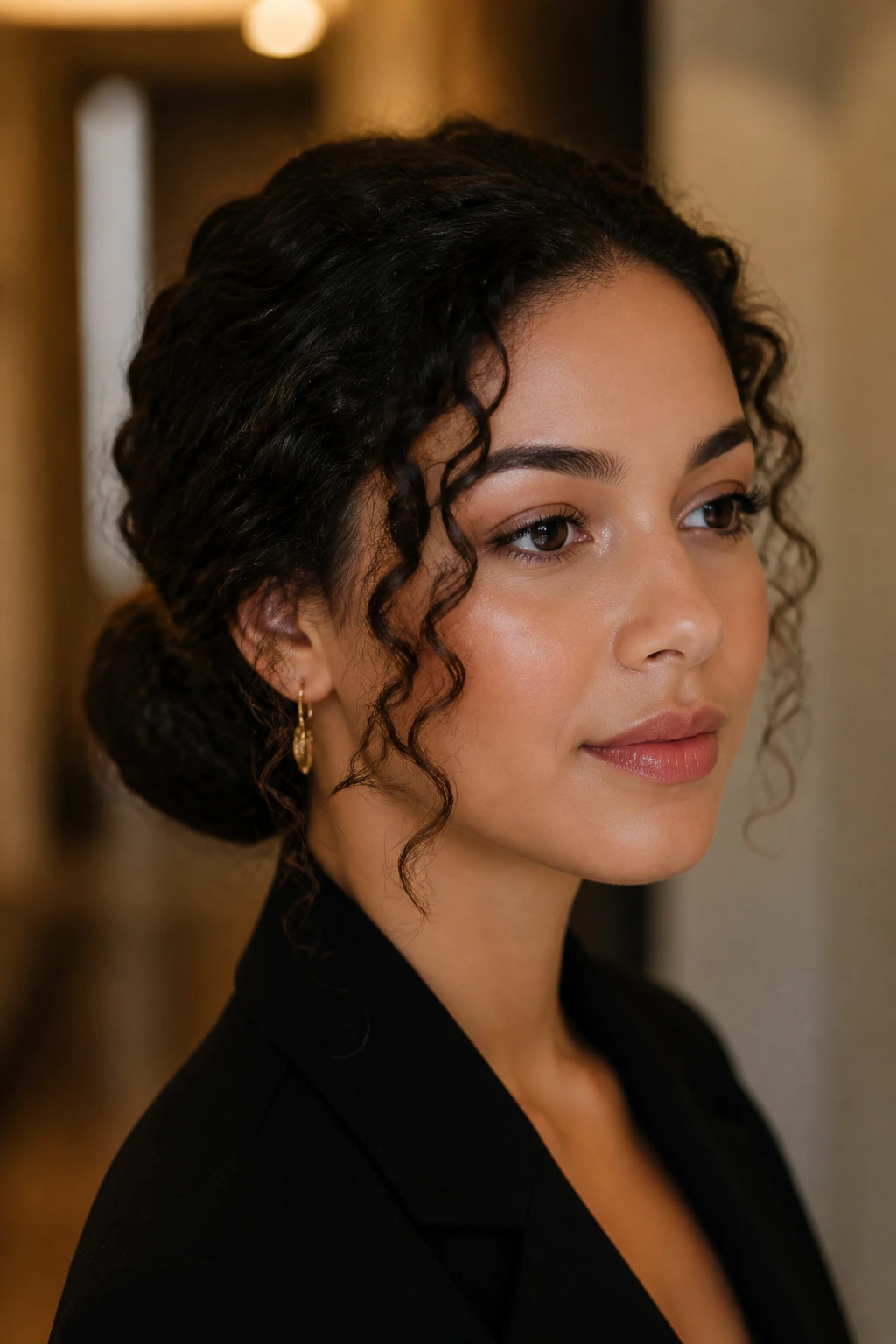 Real woman with a twisted low bun and curly tendrils, warm indoor lighting