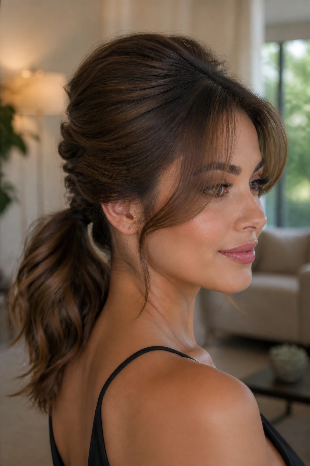 Portrait of a woman with twisted low pony with crown volume hairstyle