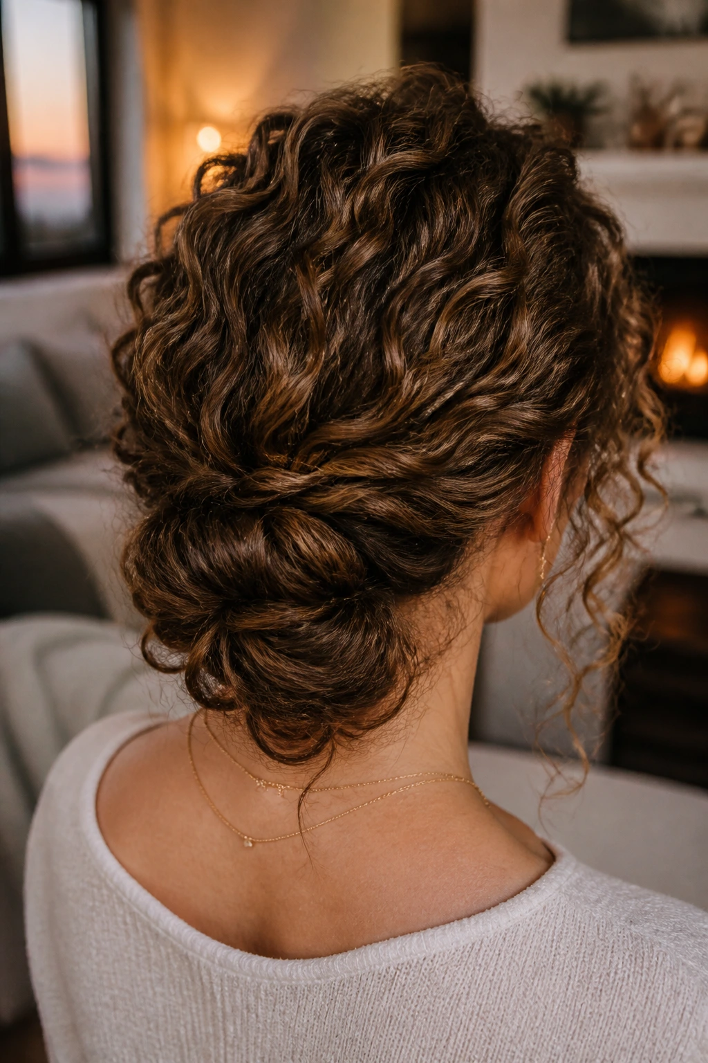 Back-of-head shot of a real person with a loose twisted nape chignon and visible curls