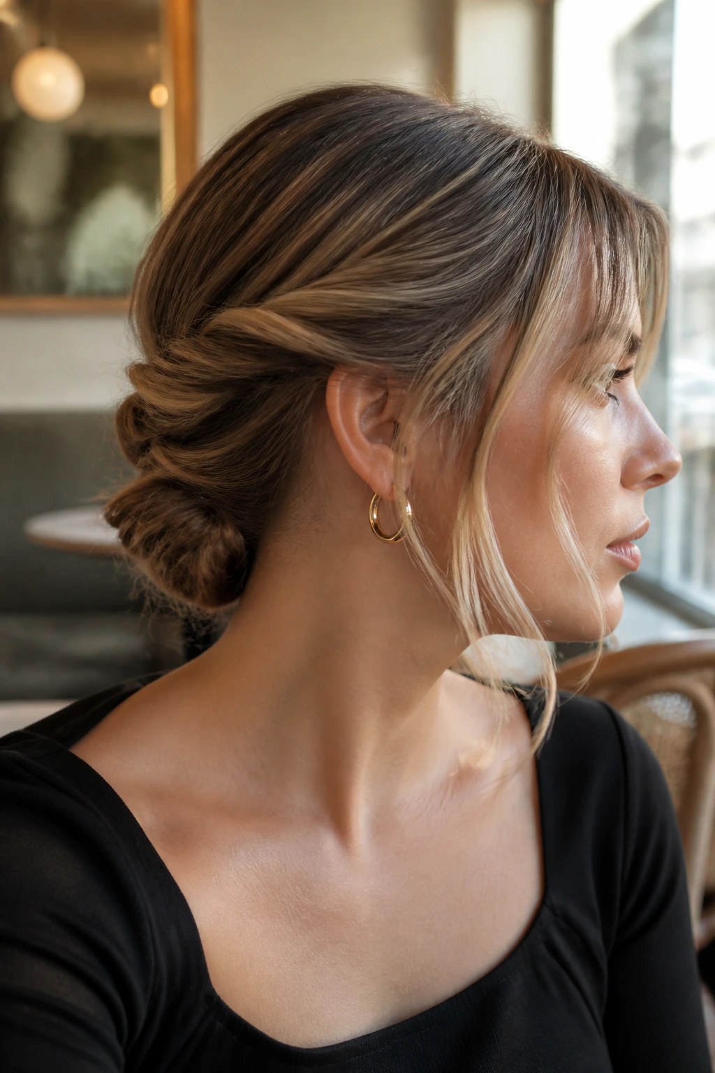 Close-up of Twisted Nape Knot hairstyle on a real woman with money piece framing